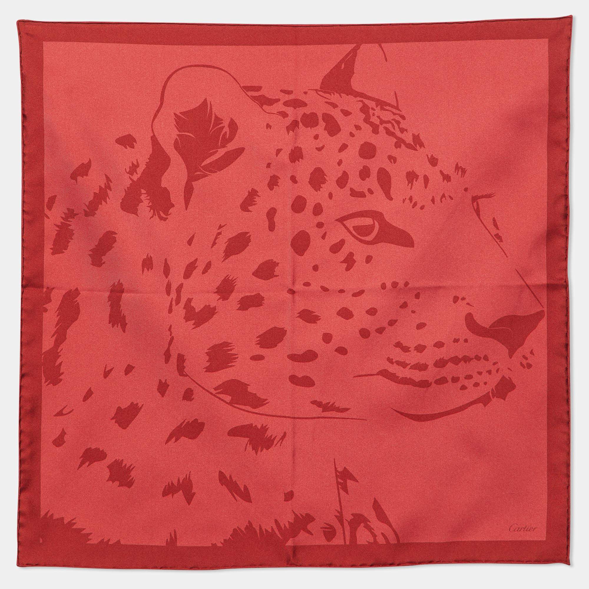 Pre Owned Cartier Red Panther Motif Print Silk Square Scarf