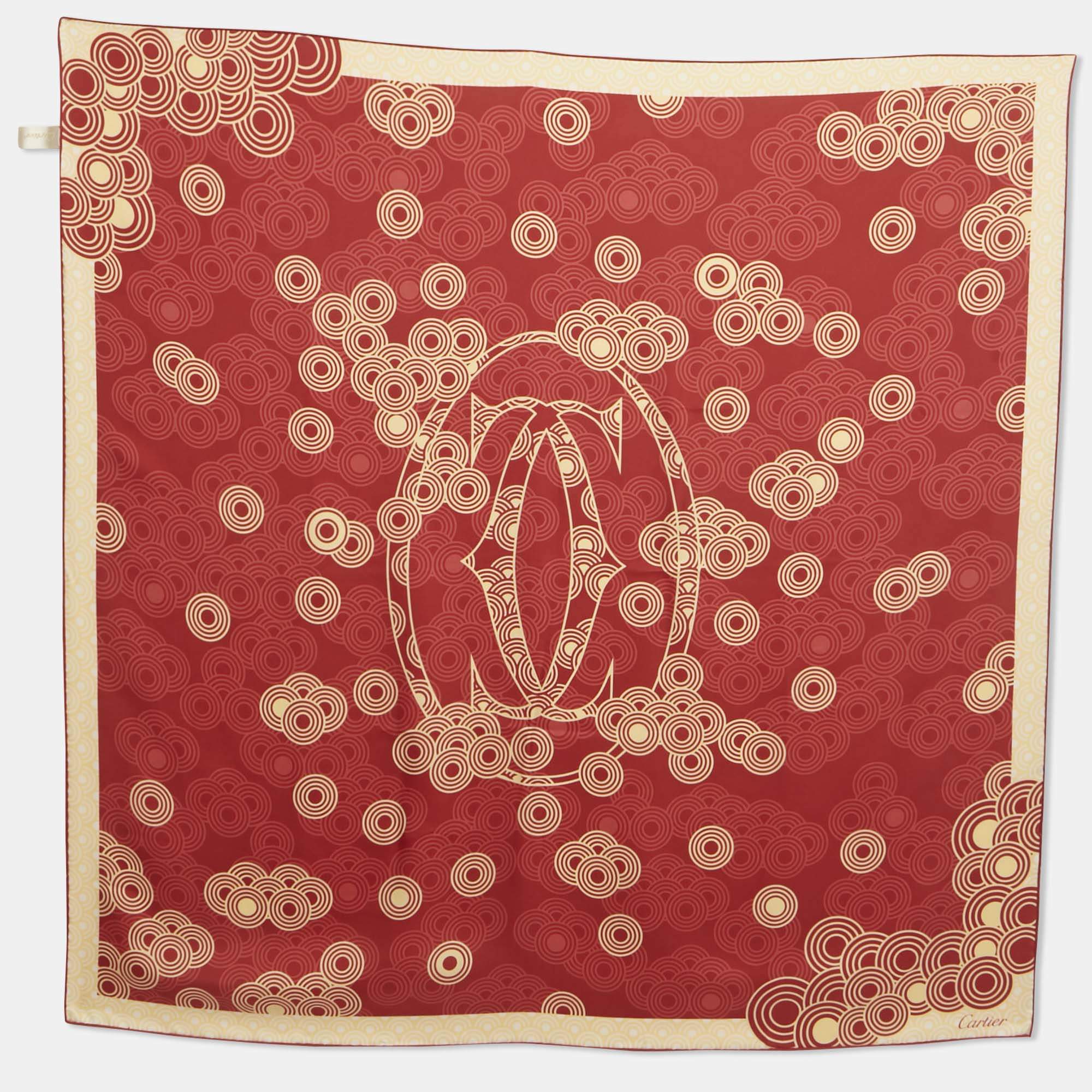 Pre Owned Cartier Red Silk Printed Sqaure Scarf