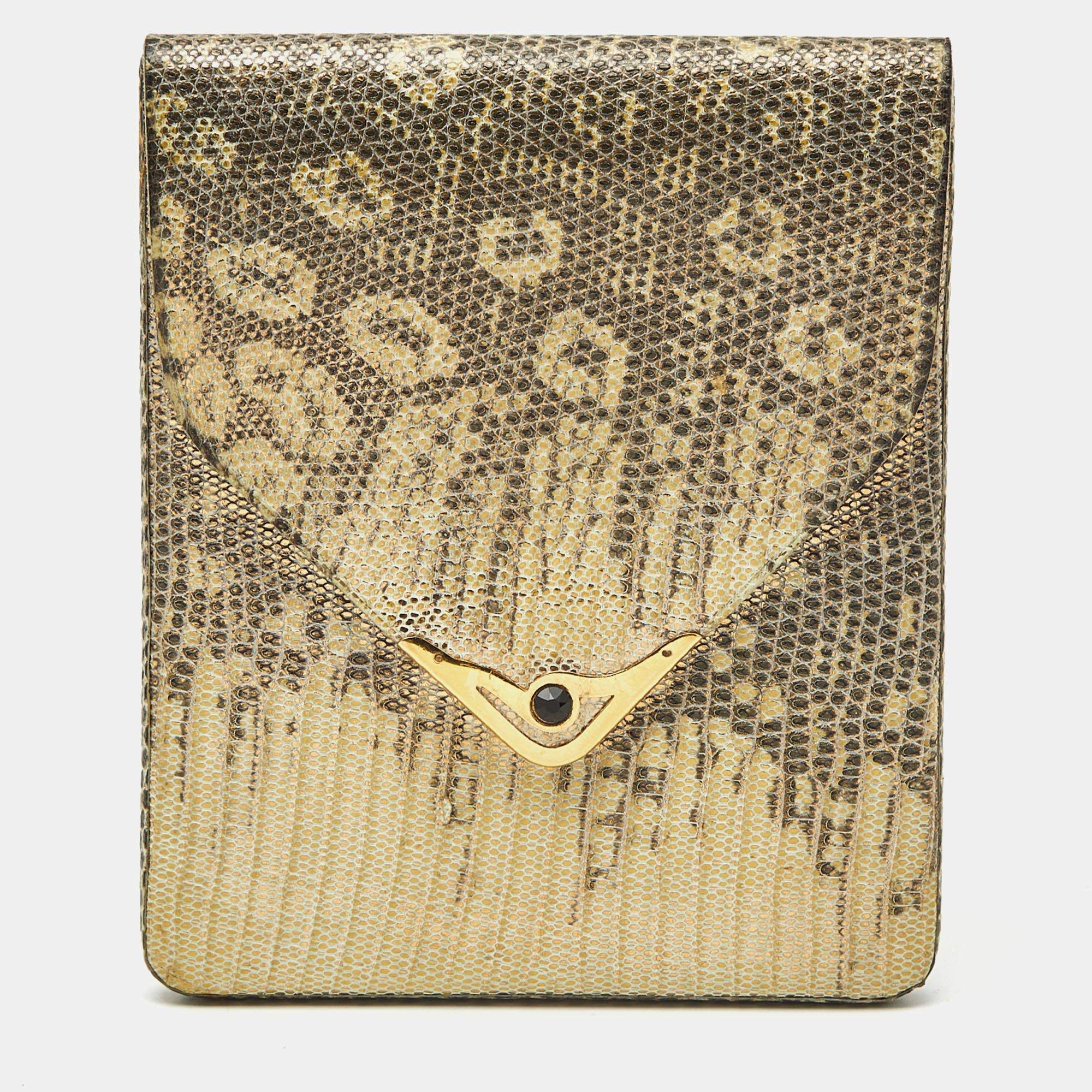 مملوكة مسبقًا علبة سجائر كارتتييه لون كريمي/ذهبي سحلية