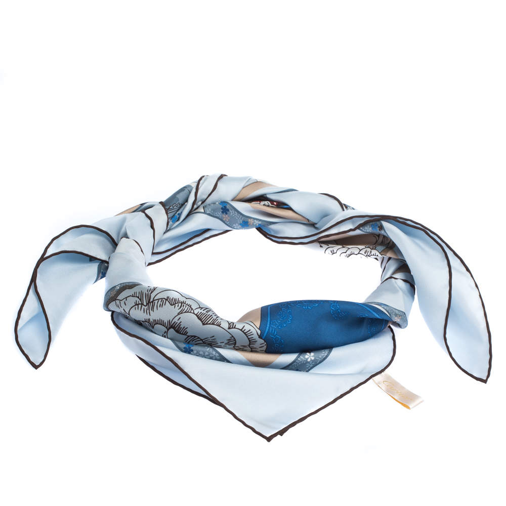 Pre Owned Cartier Pale Blue Printed Silk Square Scarf