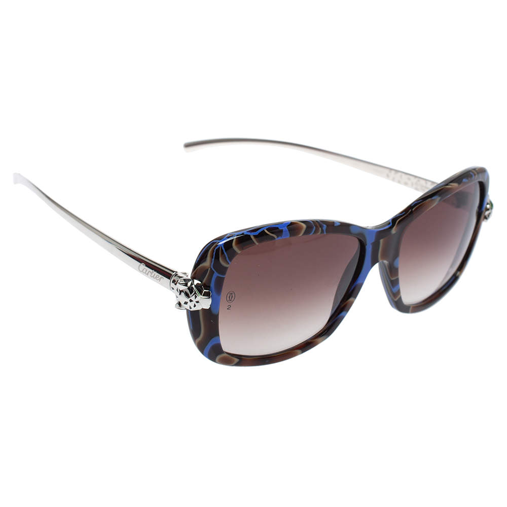 Pre Owned Cartier Blue Tortoiseshell/ Brown Gradient Panthère Wild de Cartier Square Sunglasses