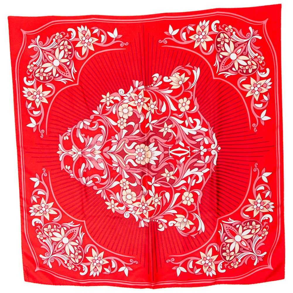 Pre Owned Cartier Red Flora Print Silk Square Scarf