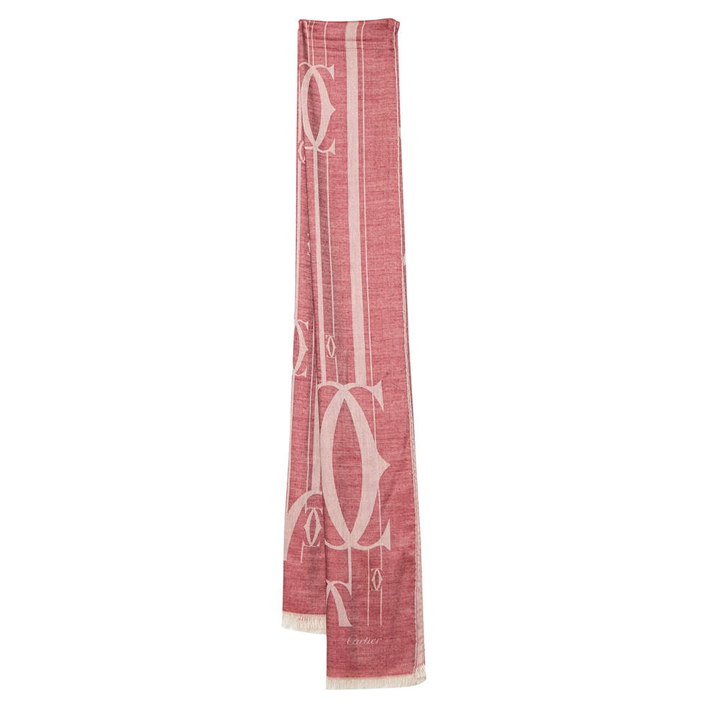 Pre Owned Cartier Pink Logo Cashmere Silk Jacquard Scarf