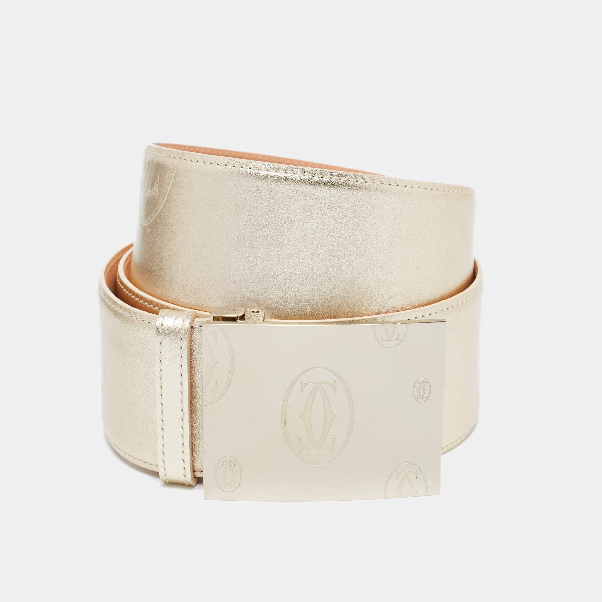 Pre Owned Cartier Gold Leather Happy Birthday Logo Plaque Wide Belt