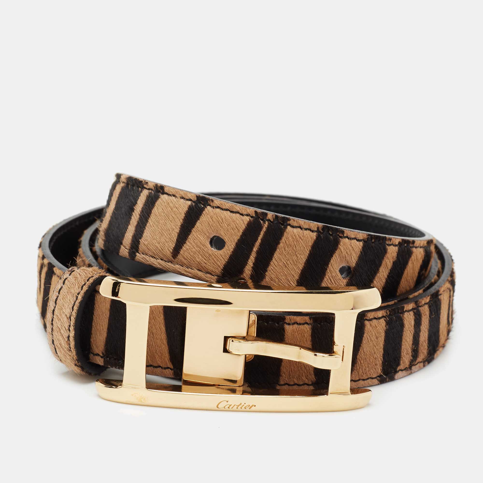 Pre Owned Cartier Brown/Black Leopard Print Calfhair Skinny Belt 85 CM