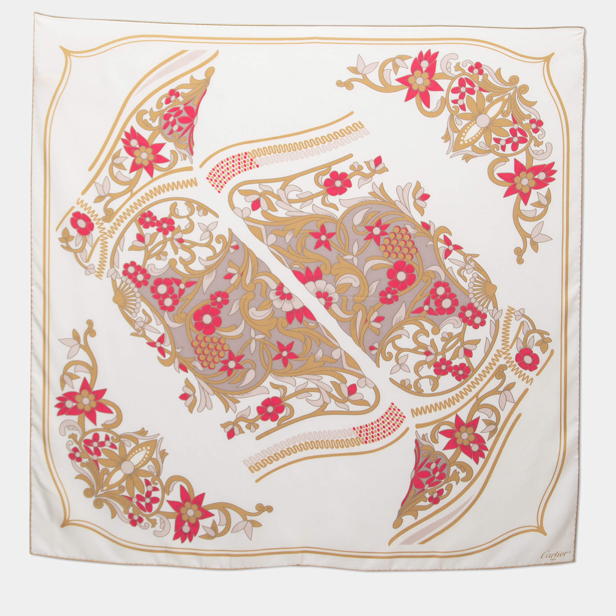 Pre Owned Cartier White Floral Boot Silk Square Scarf