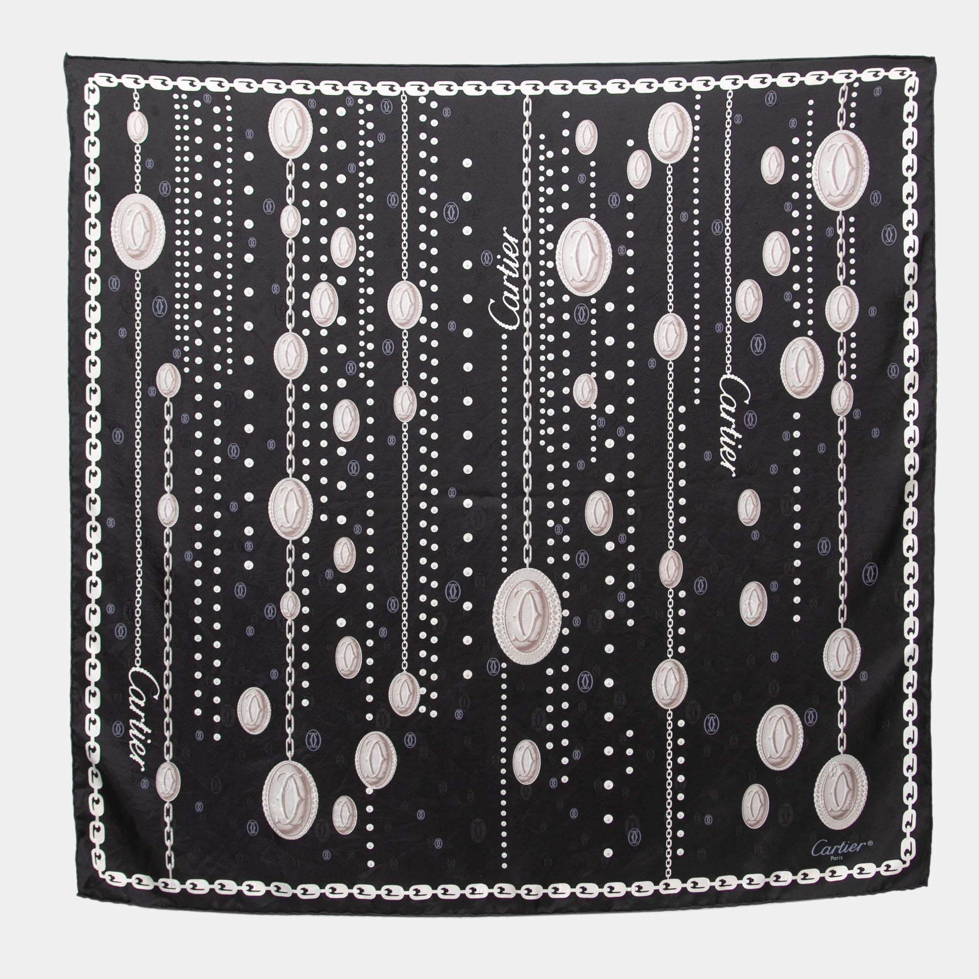 Pre Owned Cartier Black Chain Print Silk Scarf