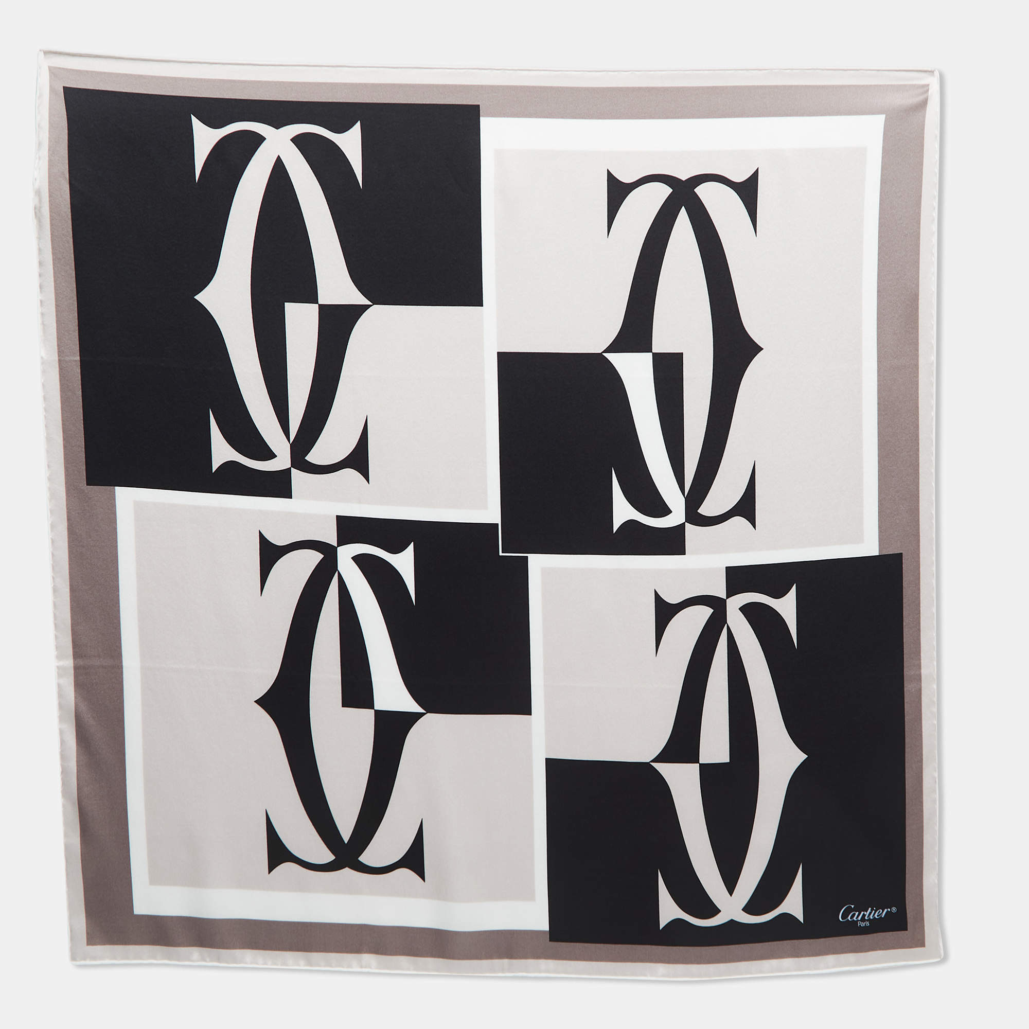 Pre Owned Cartier Black/Grey Logo Print Silk Satin Sqaure Scarf