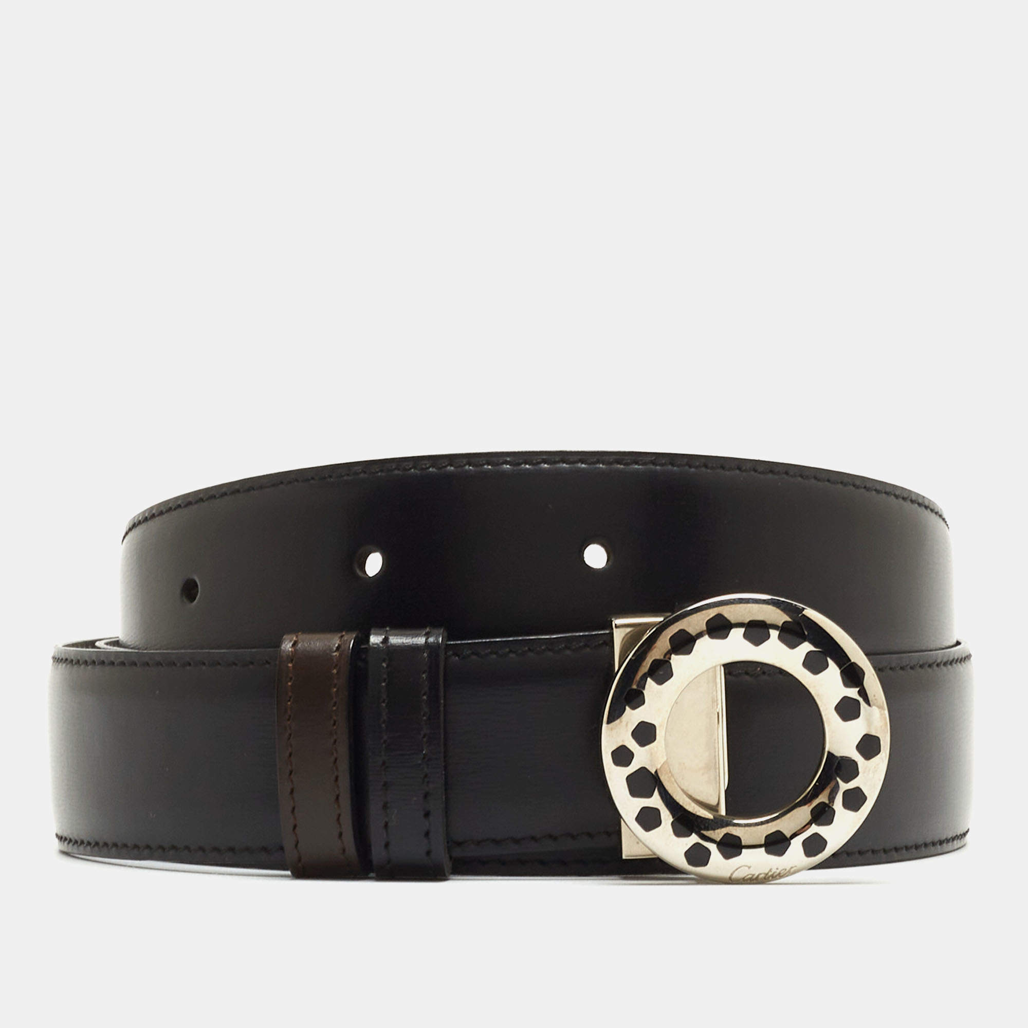 مملوكة مسبقًا Cartier Black/Brown Leather Panthere Round Buckle Reversible Belt