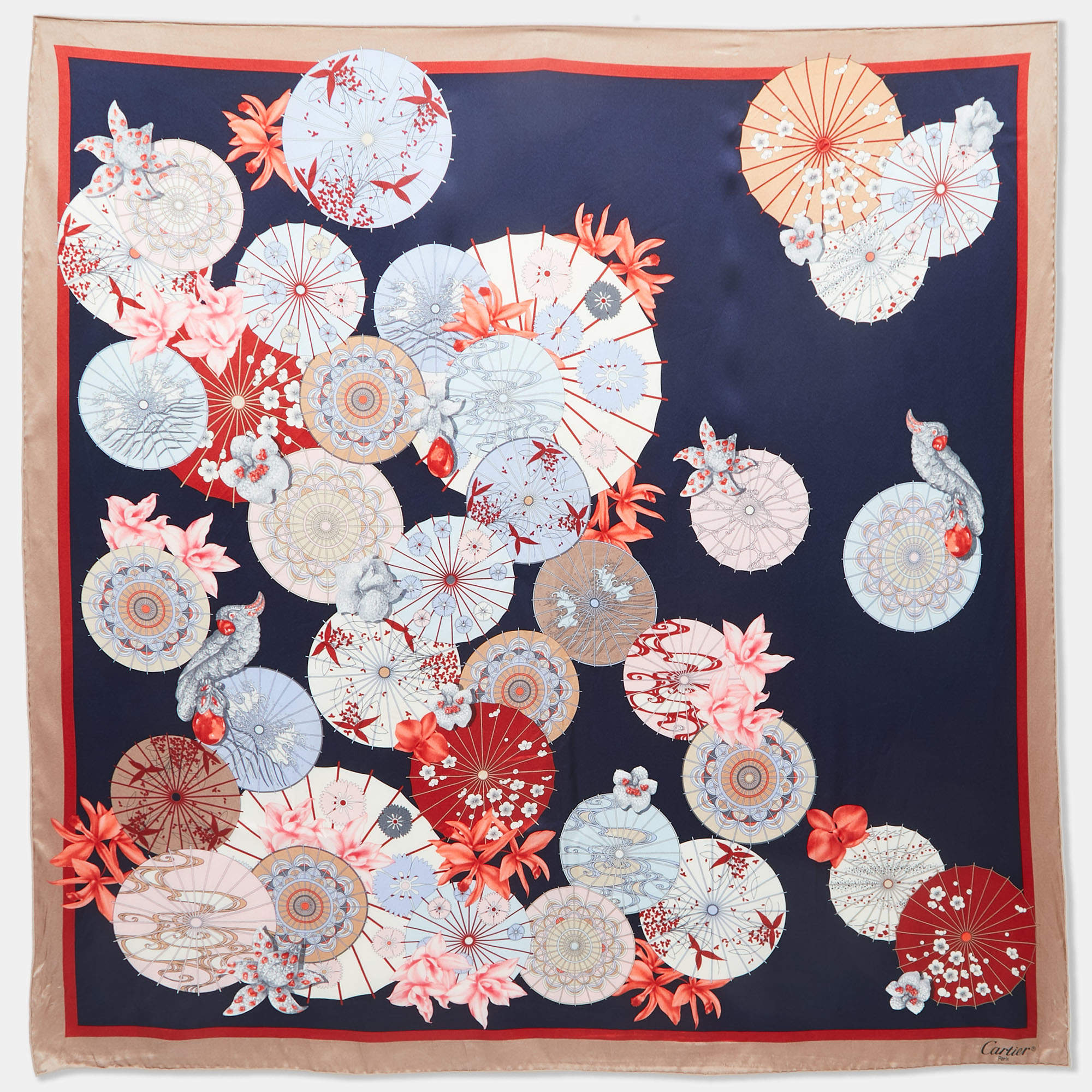 Cartier Navy Blue Floral Printed Silk Square Scarf