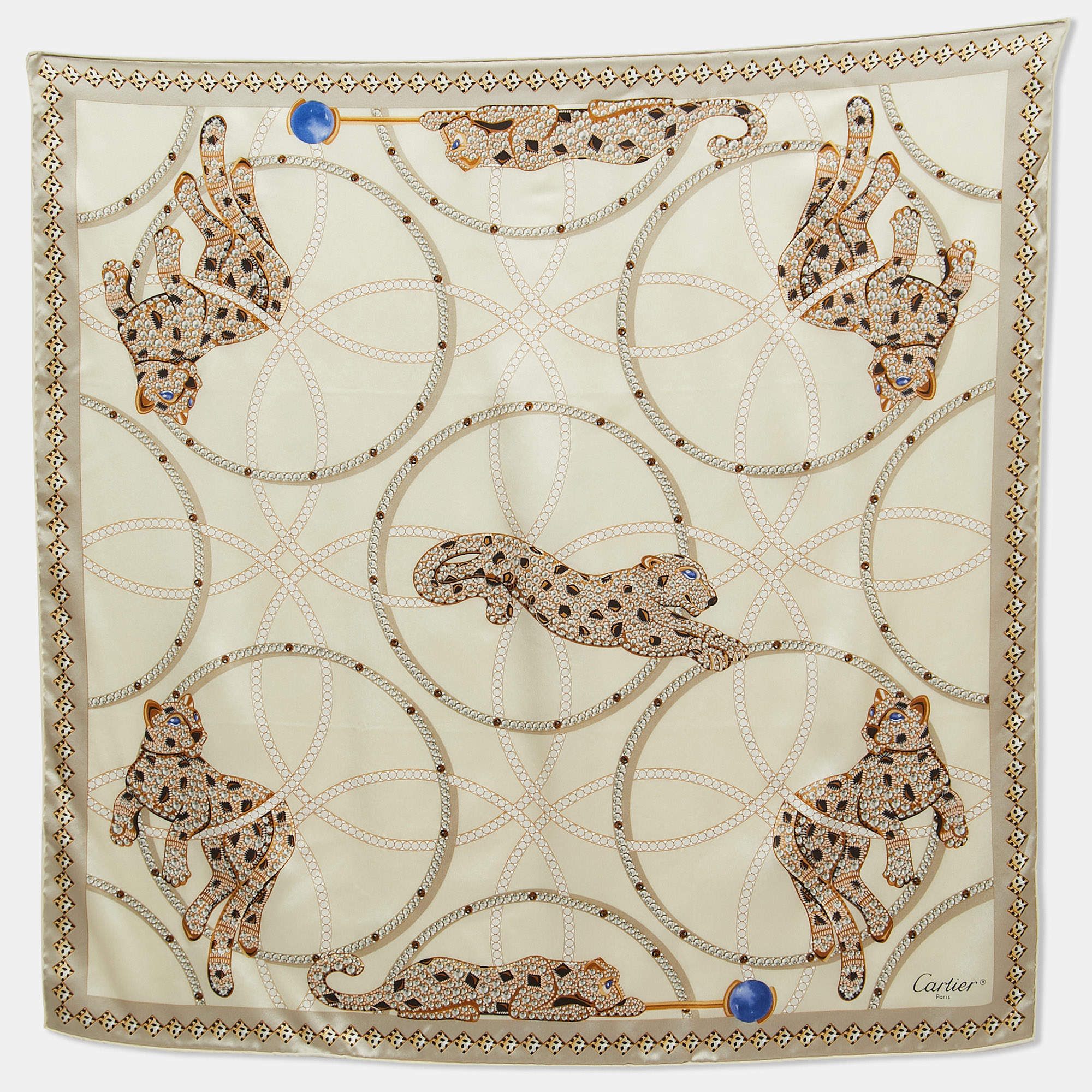 Pre Owned Cartier Cream Panthers & Hoops Print Silk Square Scarf