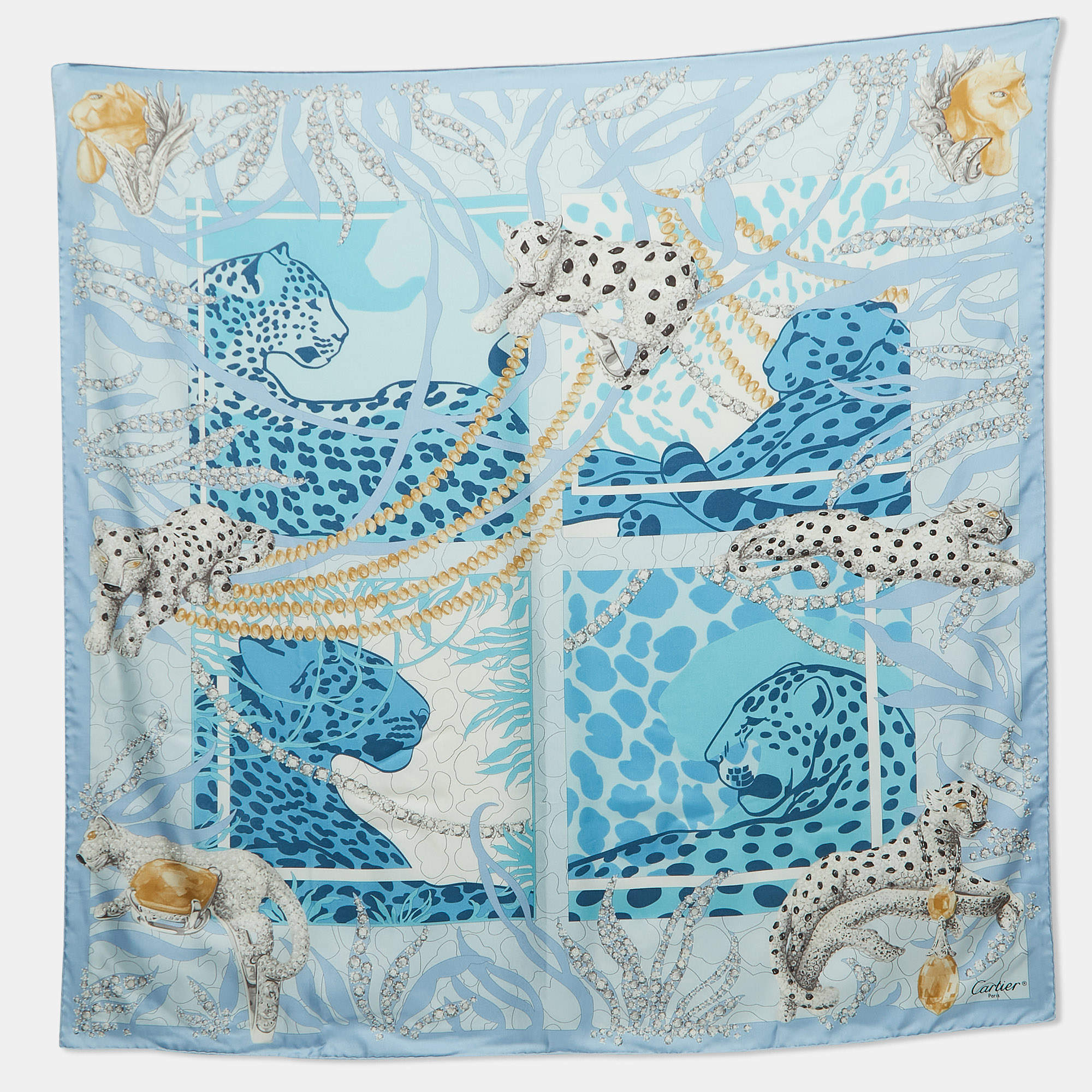 Pre Owned Cartier Blue Diamonds & Leopard Print Silk Scarf