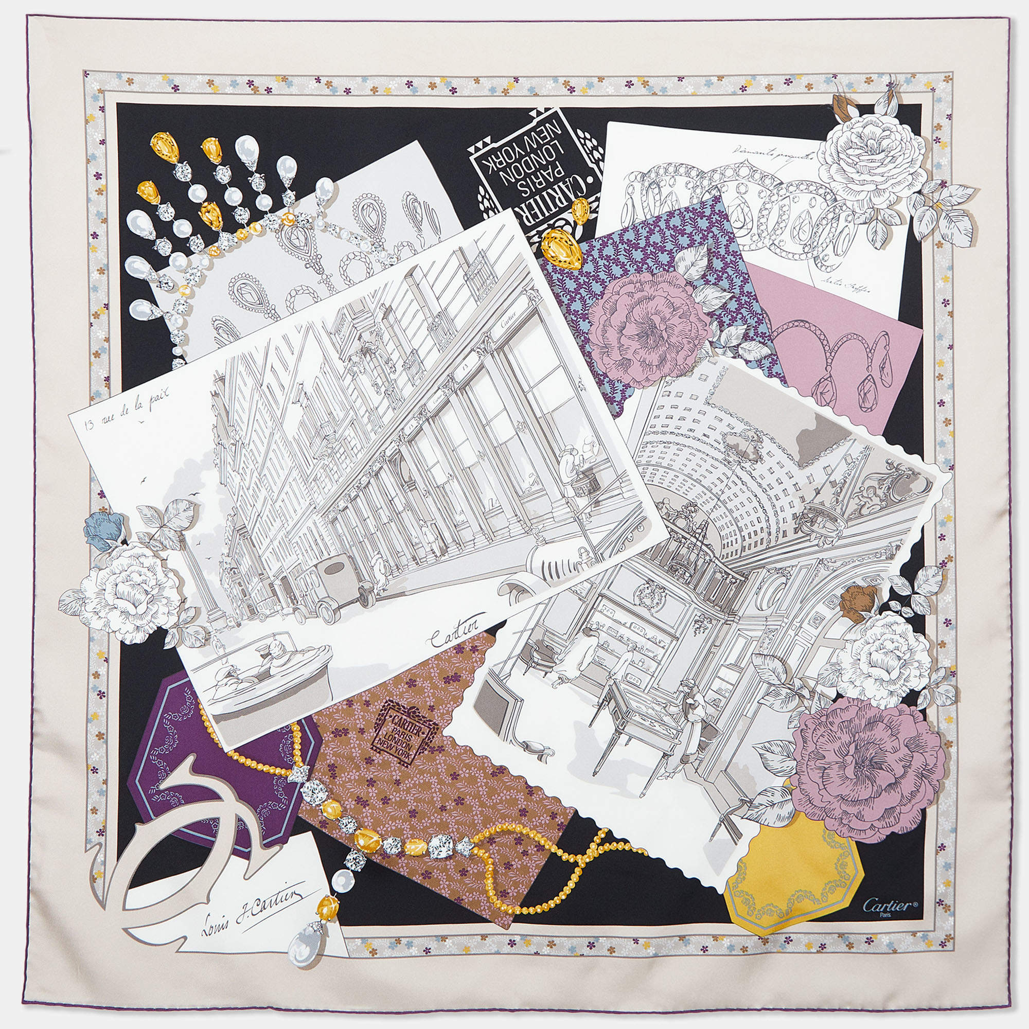 Pre Owned Cartier Multicolor Paris Postcard Print Silk Scarf
