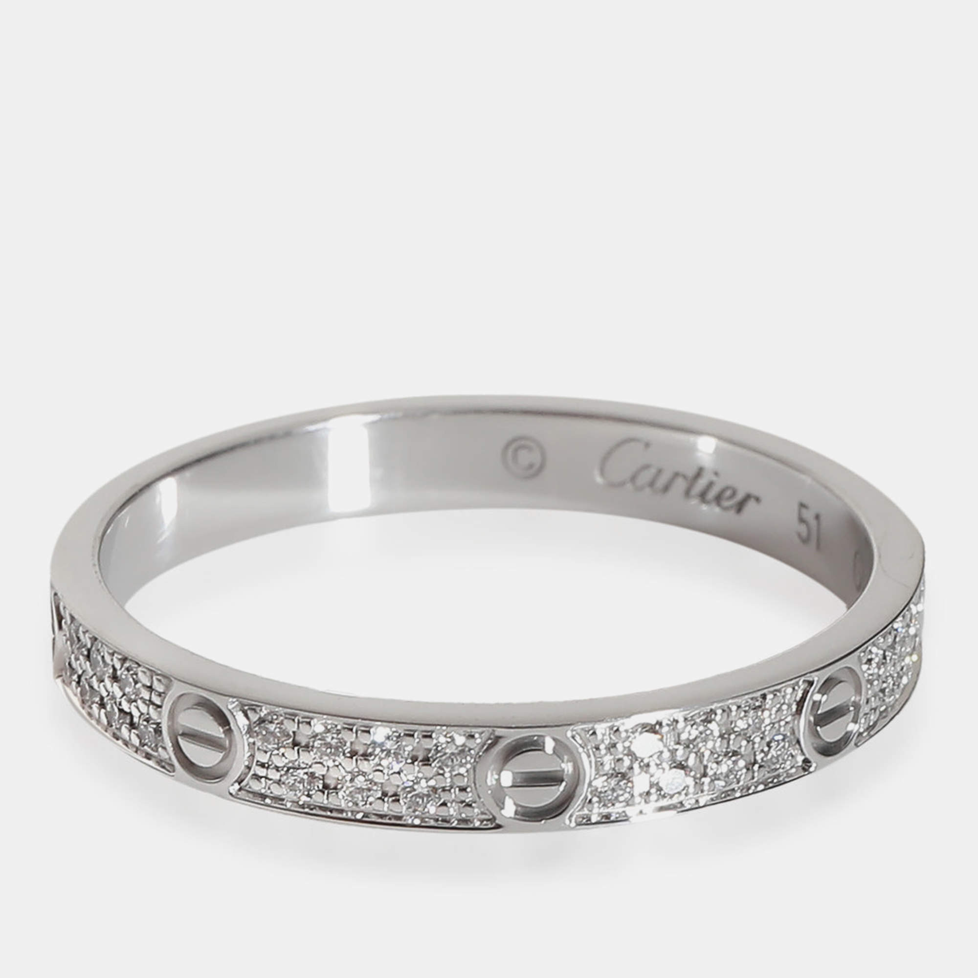 Pre Owned Cartier White Gold Love Wedding Pave Small Diamond Band EU 51