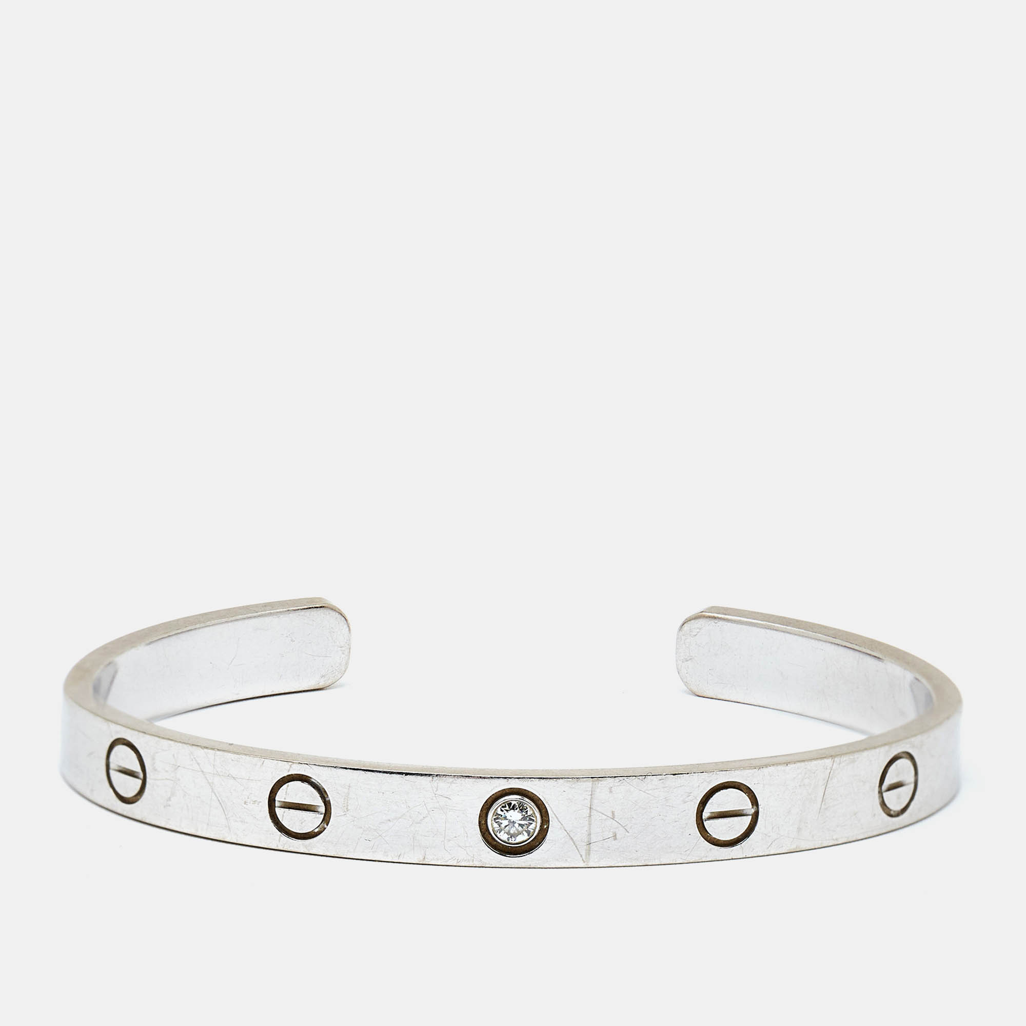 Pre Owned Cartier Love1 Diamond 18k White Gold Open Cuff Bracelet 17