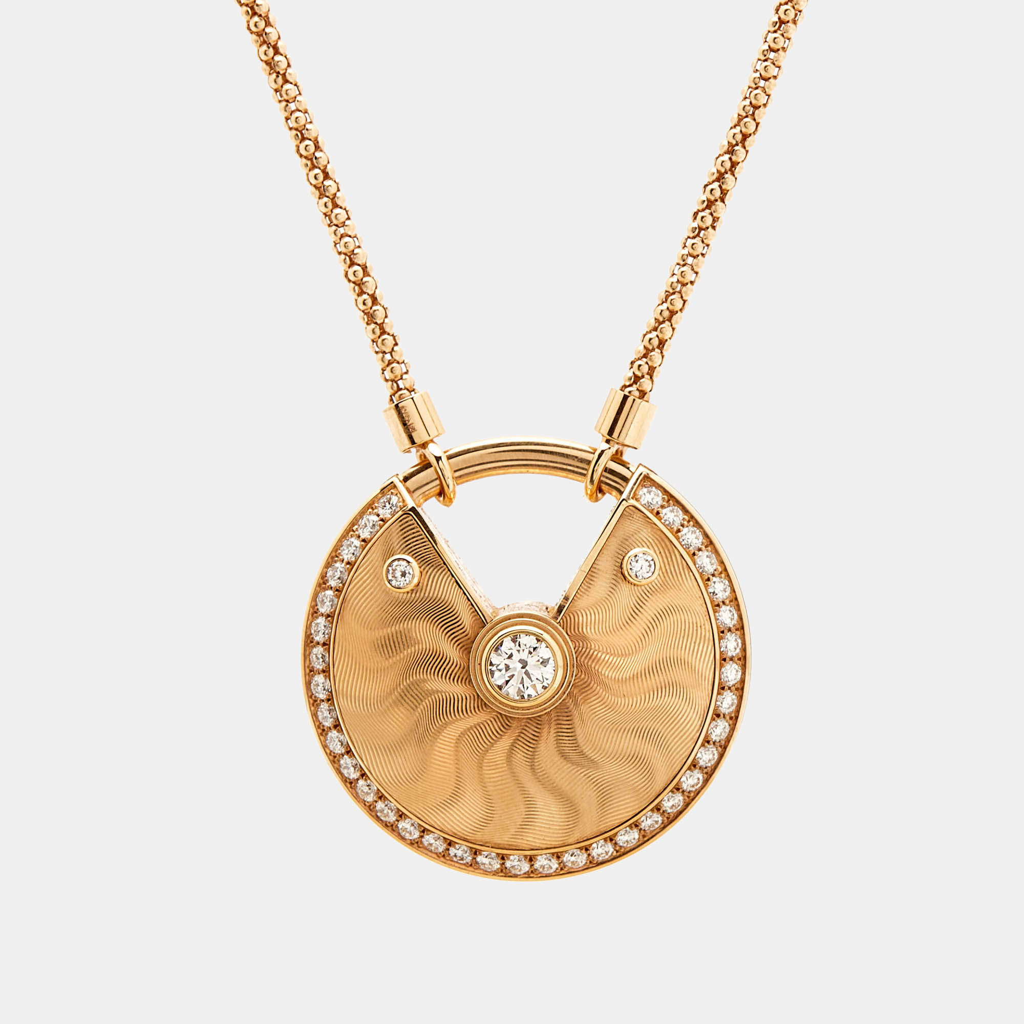 Cartier Amulette De Cartier Diamond 18k Rose Gold Guilloche Large Model Necklace