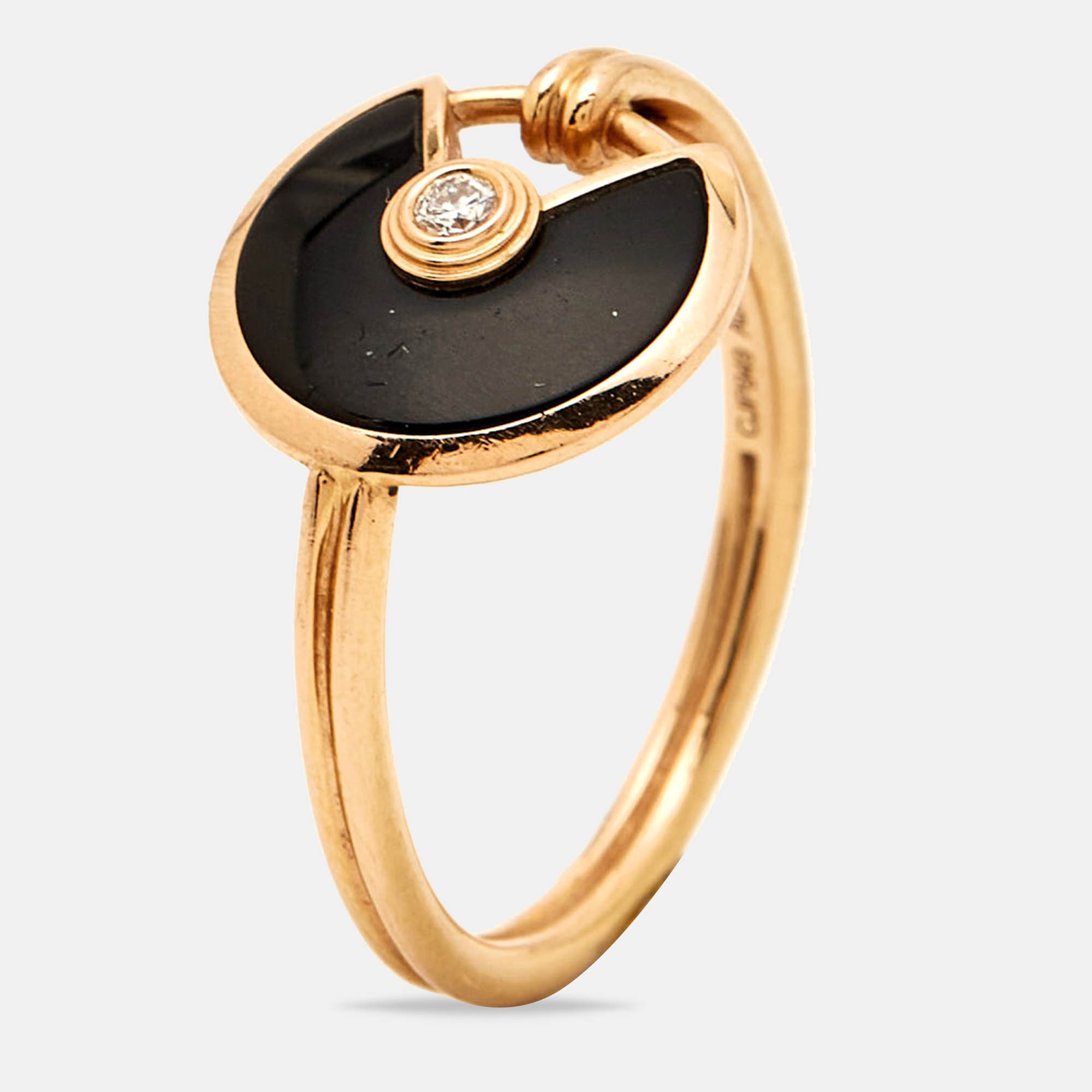 Cartier Amulette De Cartier Onyx Diamond 18k Rose Gold Ring Size 51