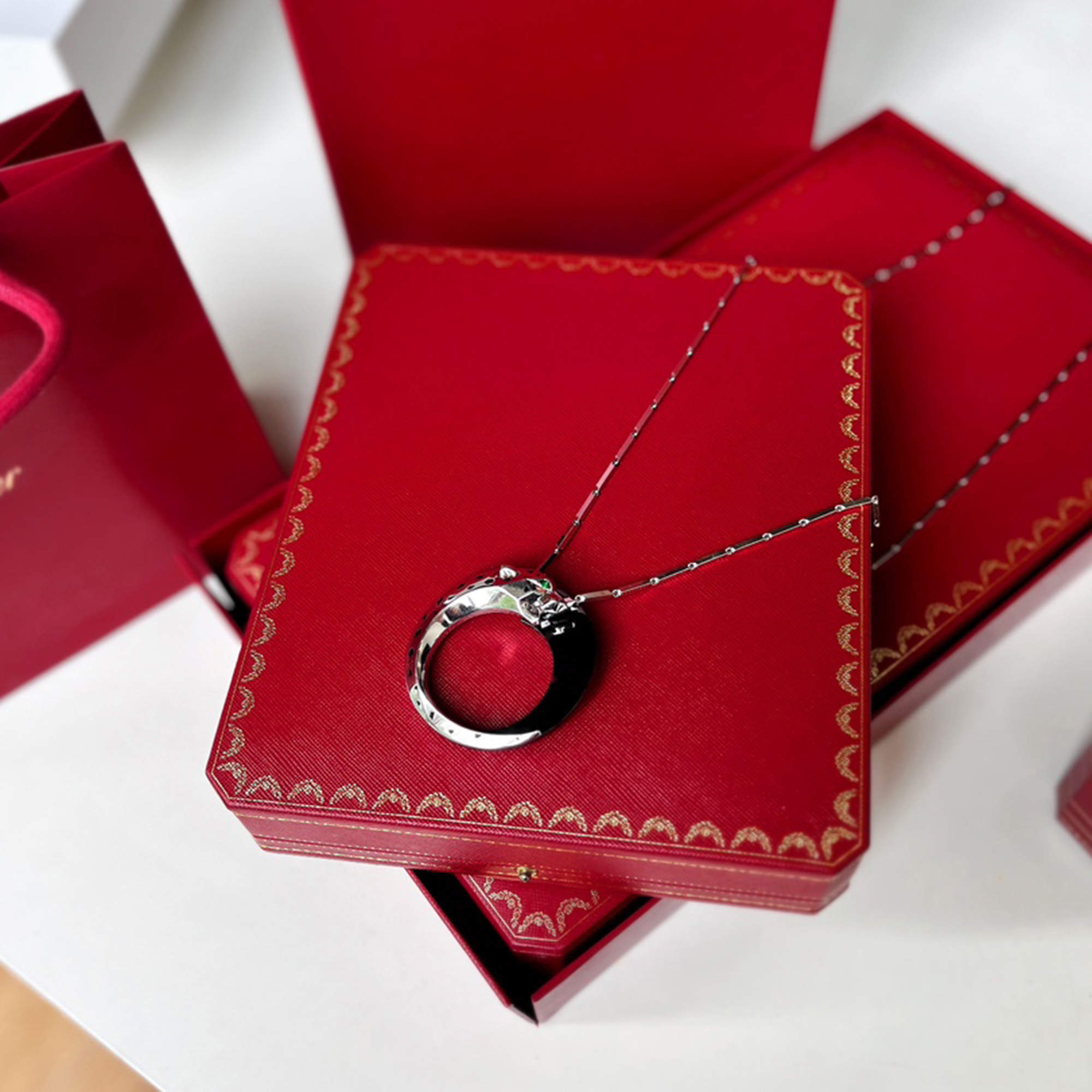 Cartier 18K White Gold, Ceramic, Emerald Panthere de Cartier Pendant Necklace