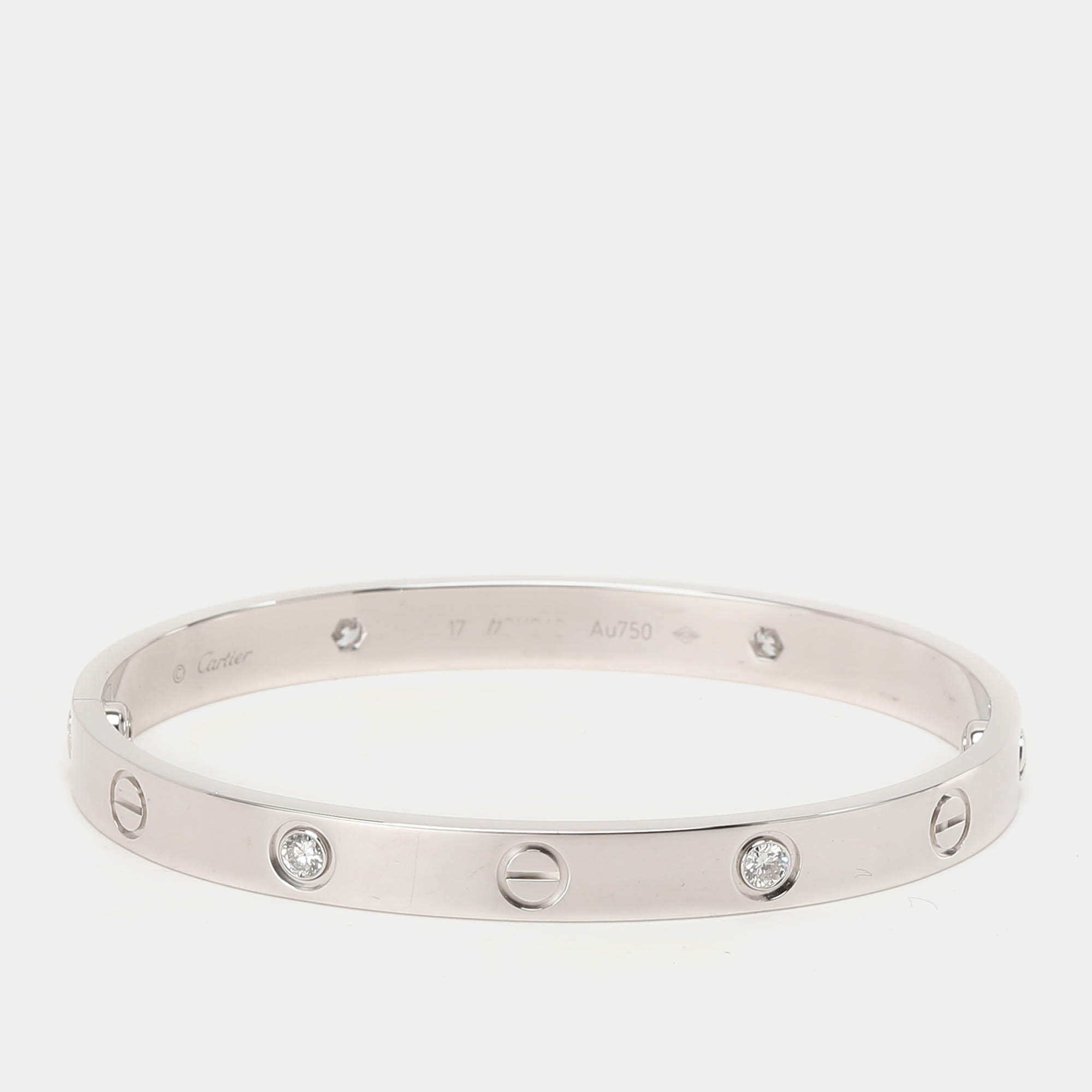 Pre Owned Cartier 18K White Gold and Diamond Love Bangle Bracelet Size 17