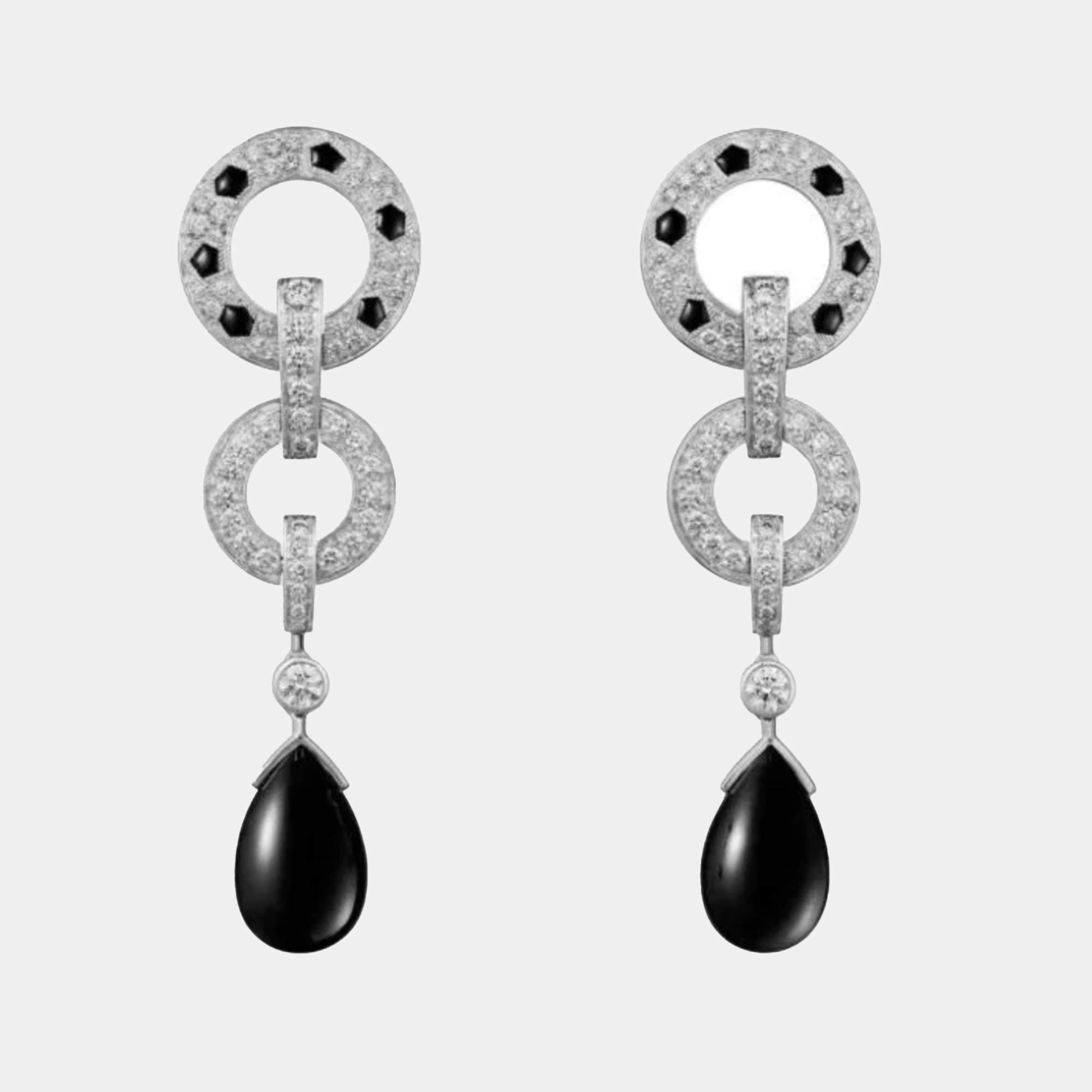 Cartier 18K White Gold and Diamond and Black Onyx Panthere De Cartier Earrings