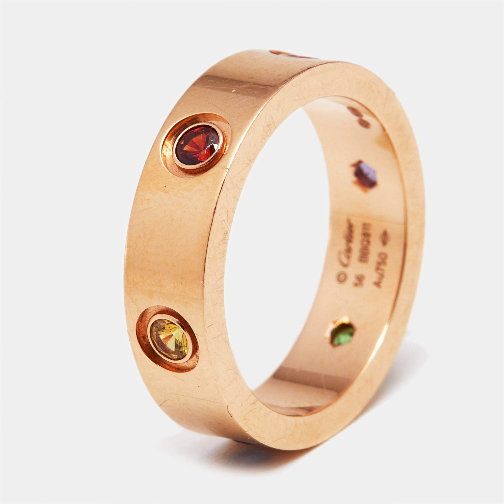 Pre Owned Cartier Love Multi Gemstones 18k Rose Gold Ring Size 56
