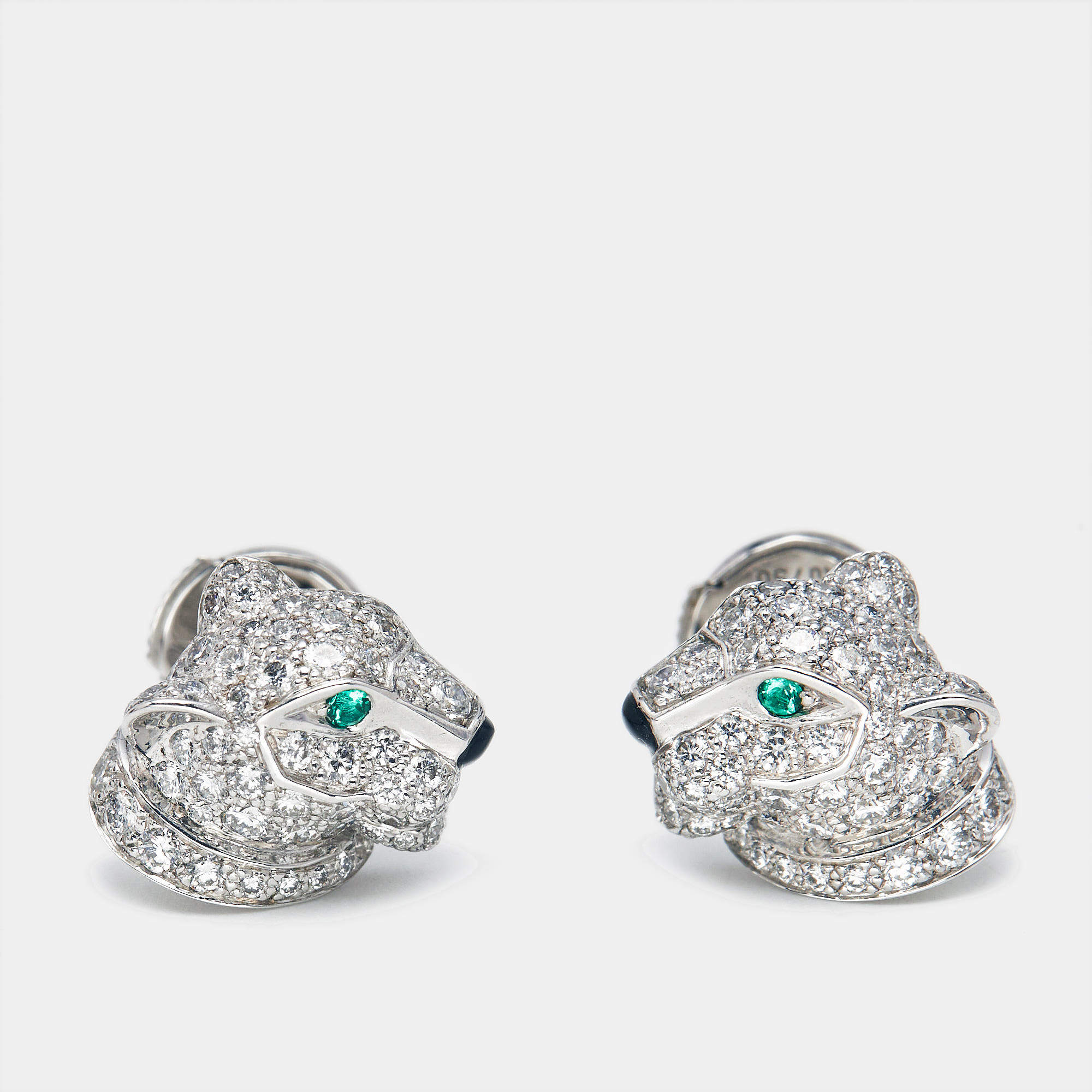 Cartier Panthere De Cartier Diamonds Emerald Onyx 18k White Gold Stud Earrings