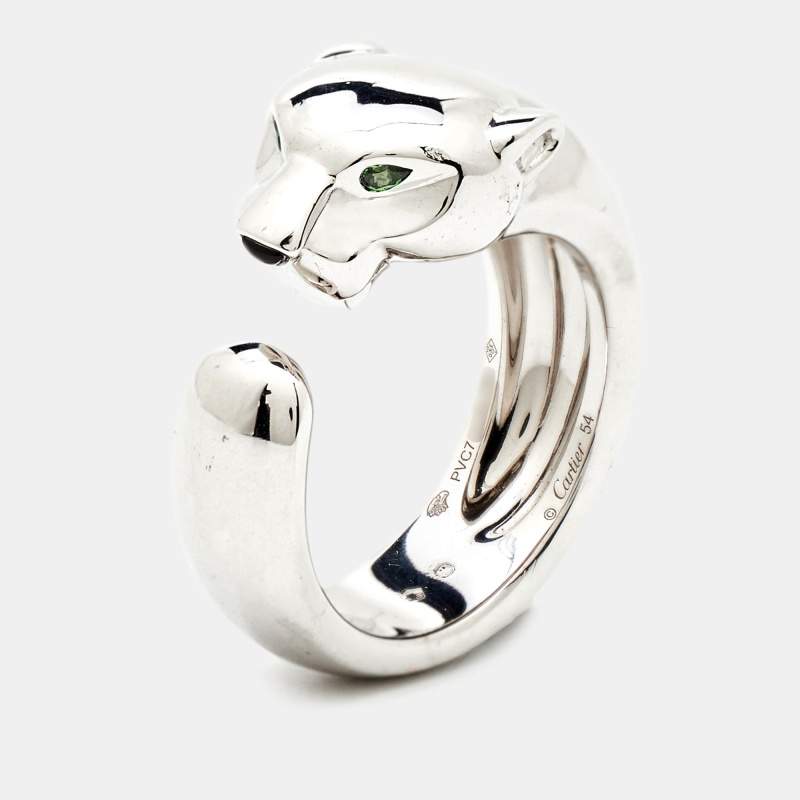 Pre Owned Cartier Panthere Tsavorite Garnet Onyx 18k White Gold Medium Model Ring Size 54