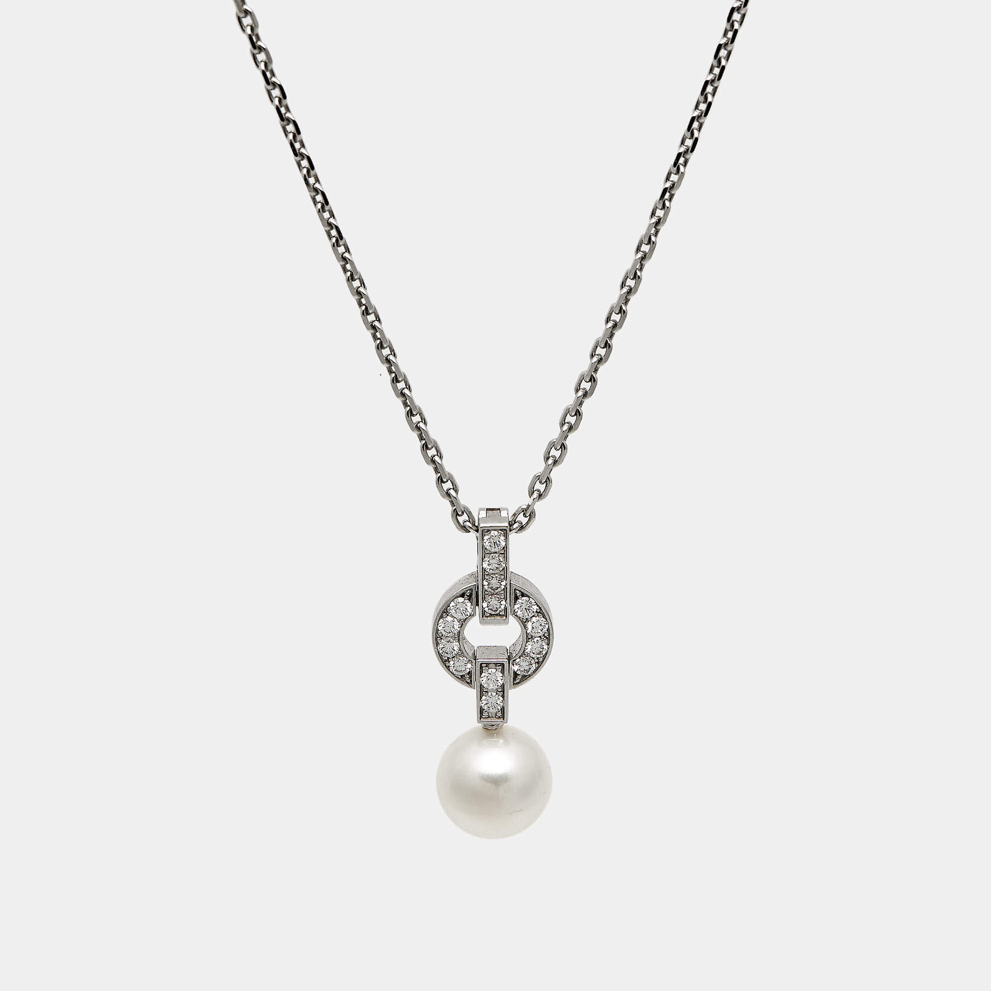 Pre Owned Cartier Himalia Diamonds Cultured Pearl 18k White Gold Pendant Necklace