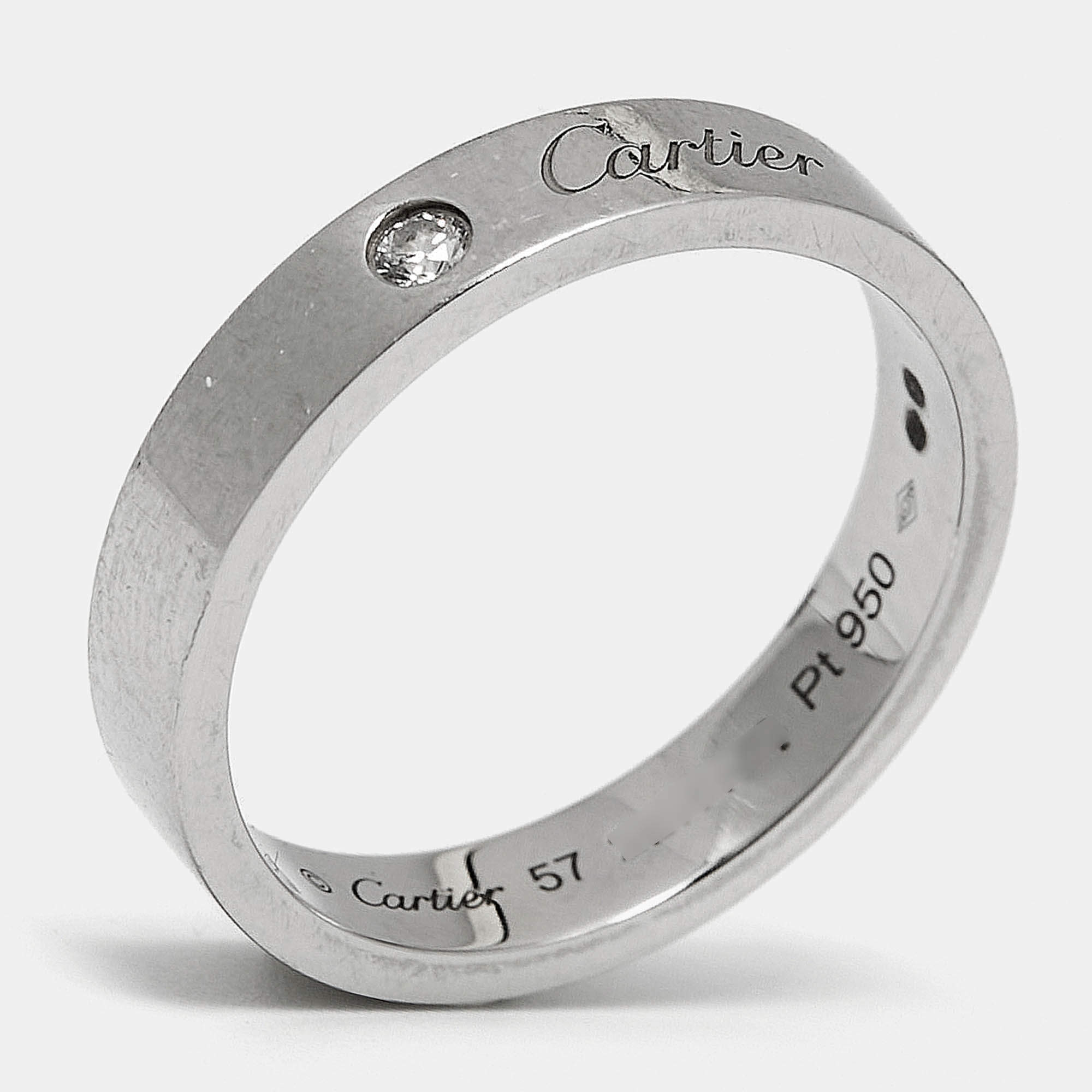 Pre Owned Cartier C de Cartier Diamond Platinum Wedding Band Ring Size 57