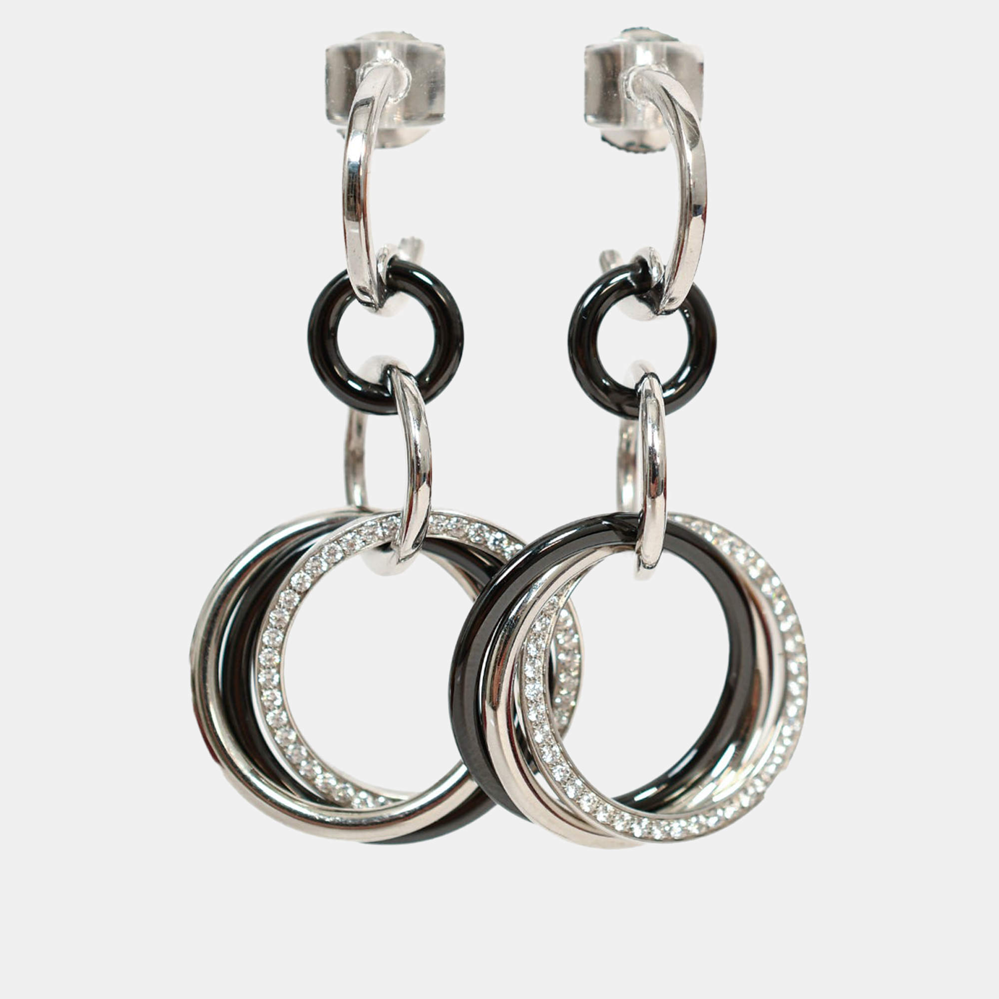 Pre Owned Cartier 18K White Gold/Black Ceramic Diamond Trinity Earrings