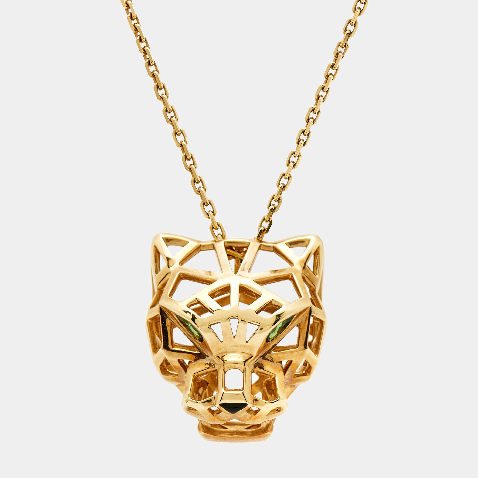 Pre Owned Cartier Panthere De Cartier Tsavorite Garnet Onyx 18k Yellow Gold Pendant Necklace