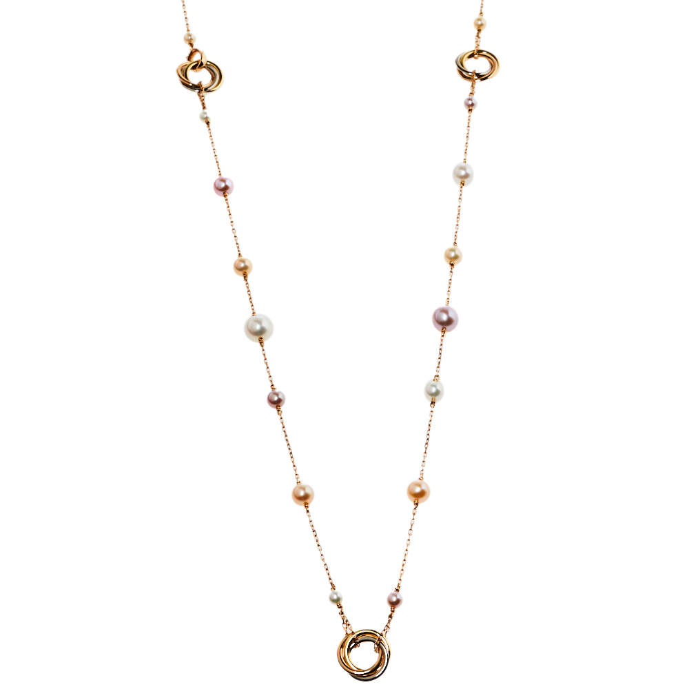 Cartier Trinity Cultured Pearl 18K Three Tone Gold Long Station Necklace