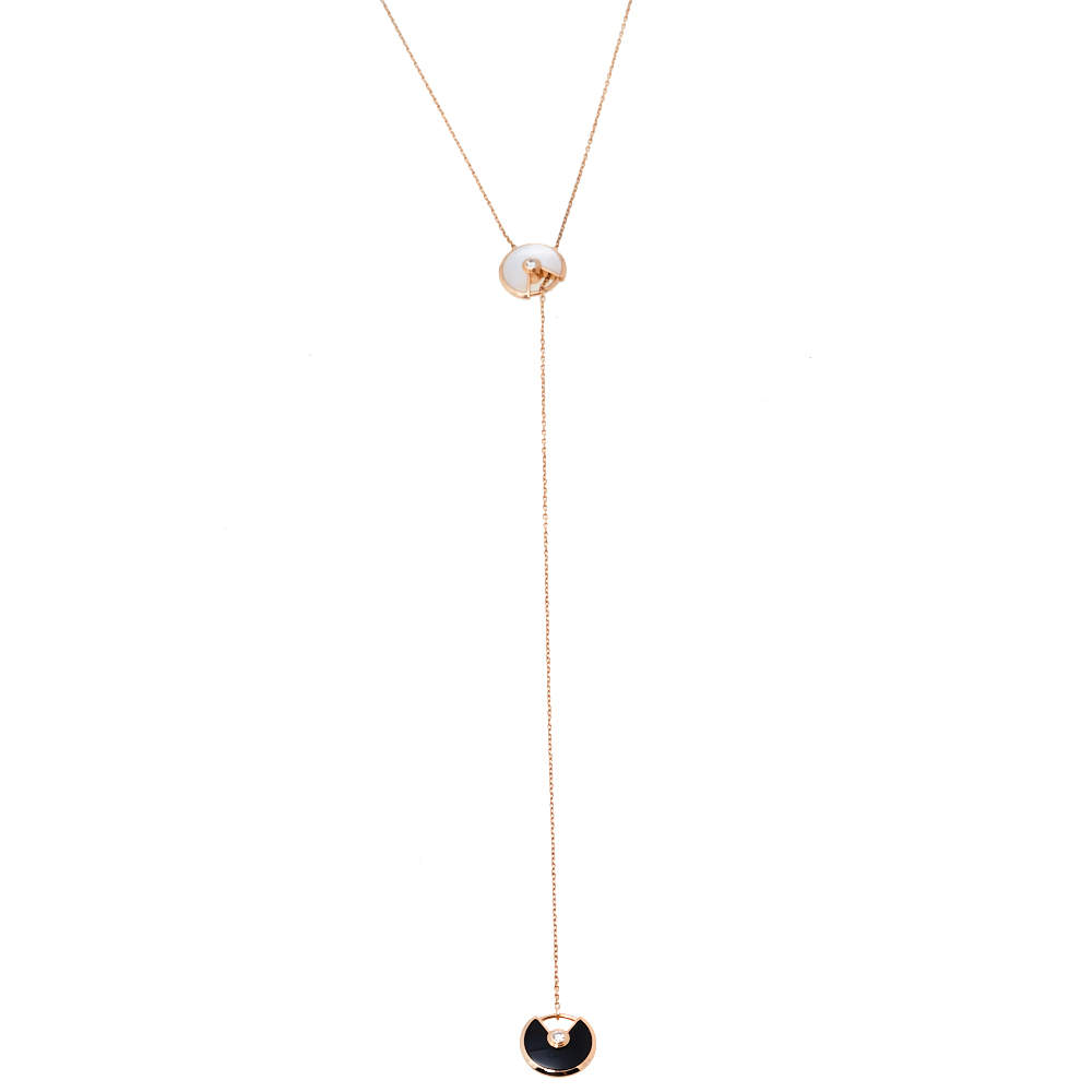 Pre Owned Cartier Amulette de Cartier Diamond Onyx Mother of Pearl 18K Rose Gold Necklace XS 