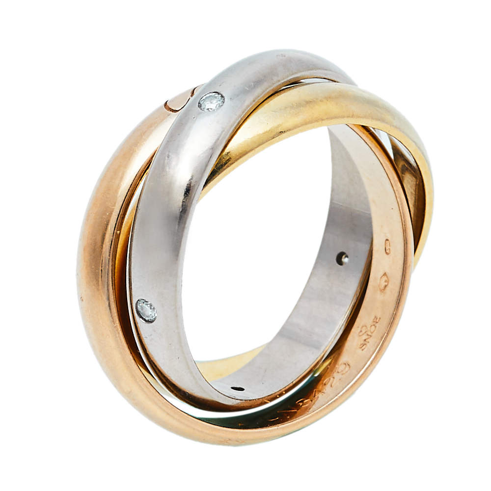 Pre Owned Cartier Trinity Diamond 18K Three Tone Gold Ring Size 51