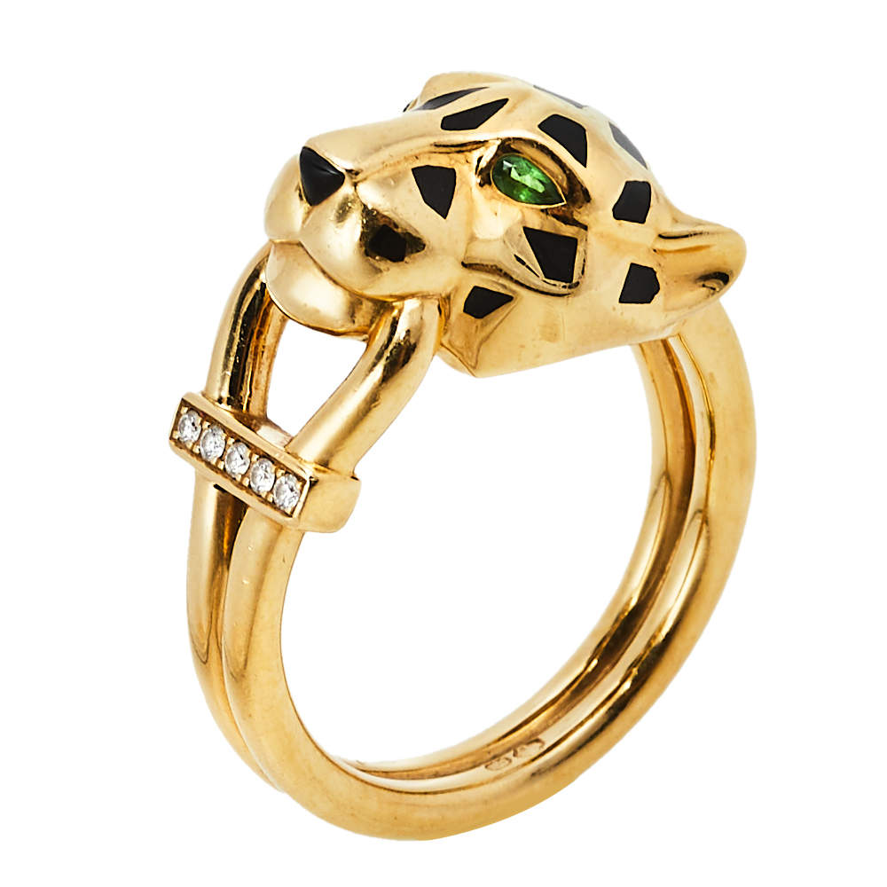 Pre Owned Cartier Panthere de Cartier Diamond Lacquer Garnet 18k Yellow Gold Ring Size 50