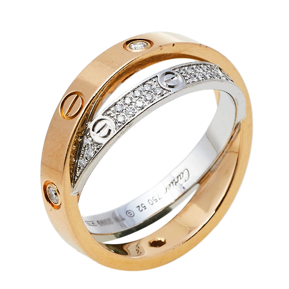 Cartier Love Diamond Paved 18K Two Tone Gold Ring Size 52