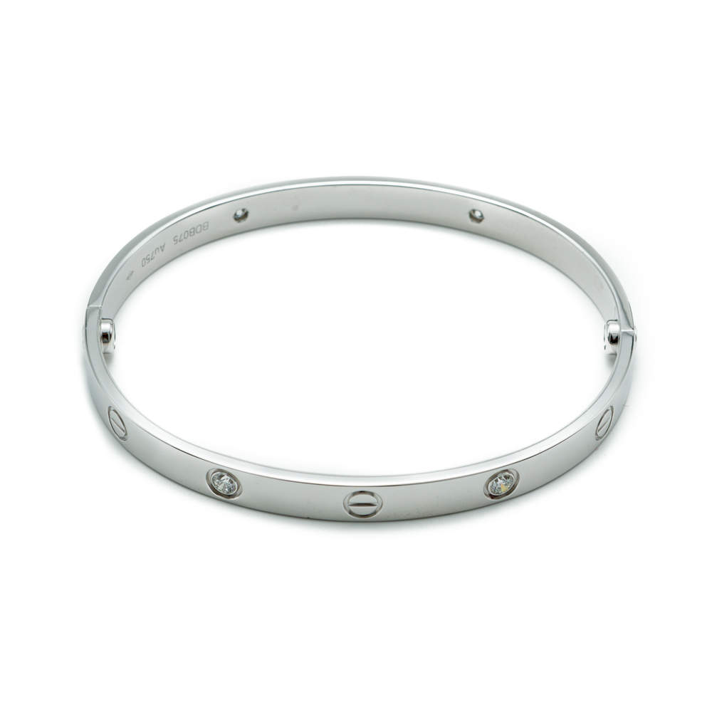 Pre Owned Cartier Love White Gold 4 Diamonds Bracelet Size 19