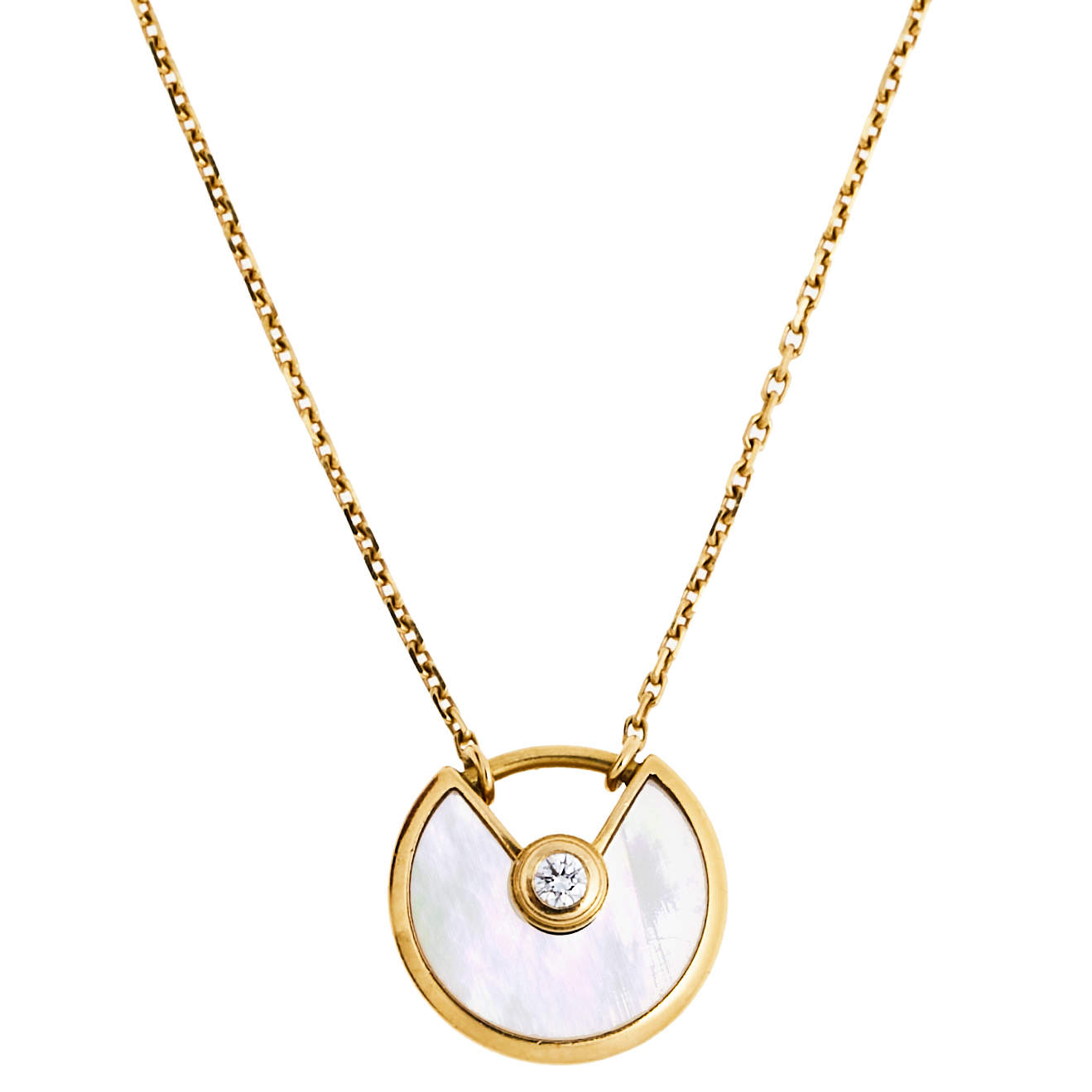Pre Owned Cartier Amulette De Cartier Mother of Pearl Diamond 18K Yellow Gold Pendant Necklace XS