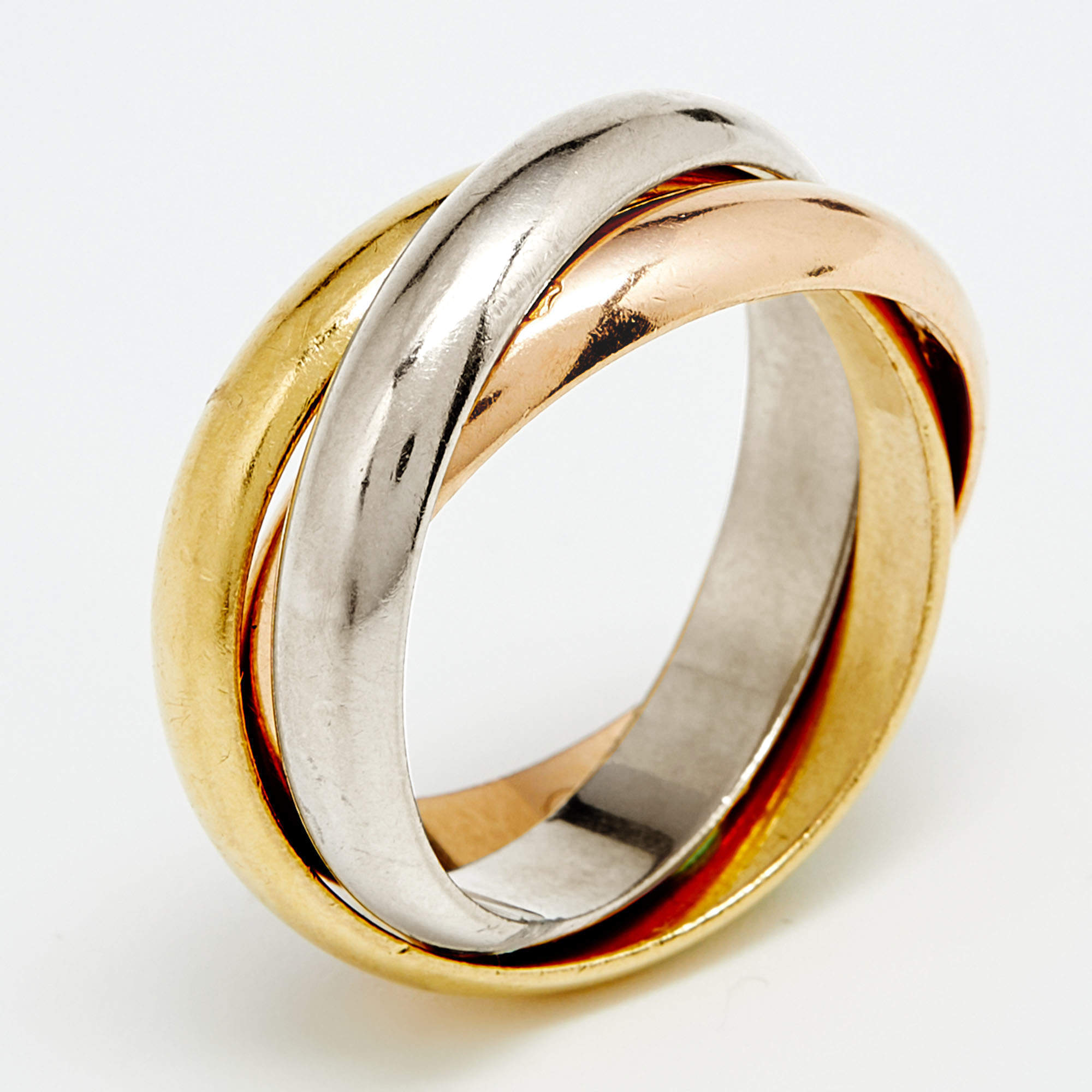 Pre Owned Cartier Trinity de Cartier 18k Three Tone Gold Rolling Ring Size 54