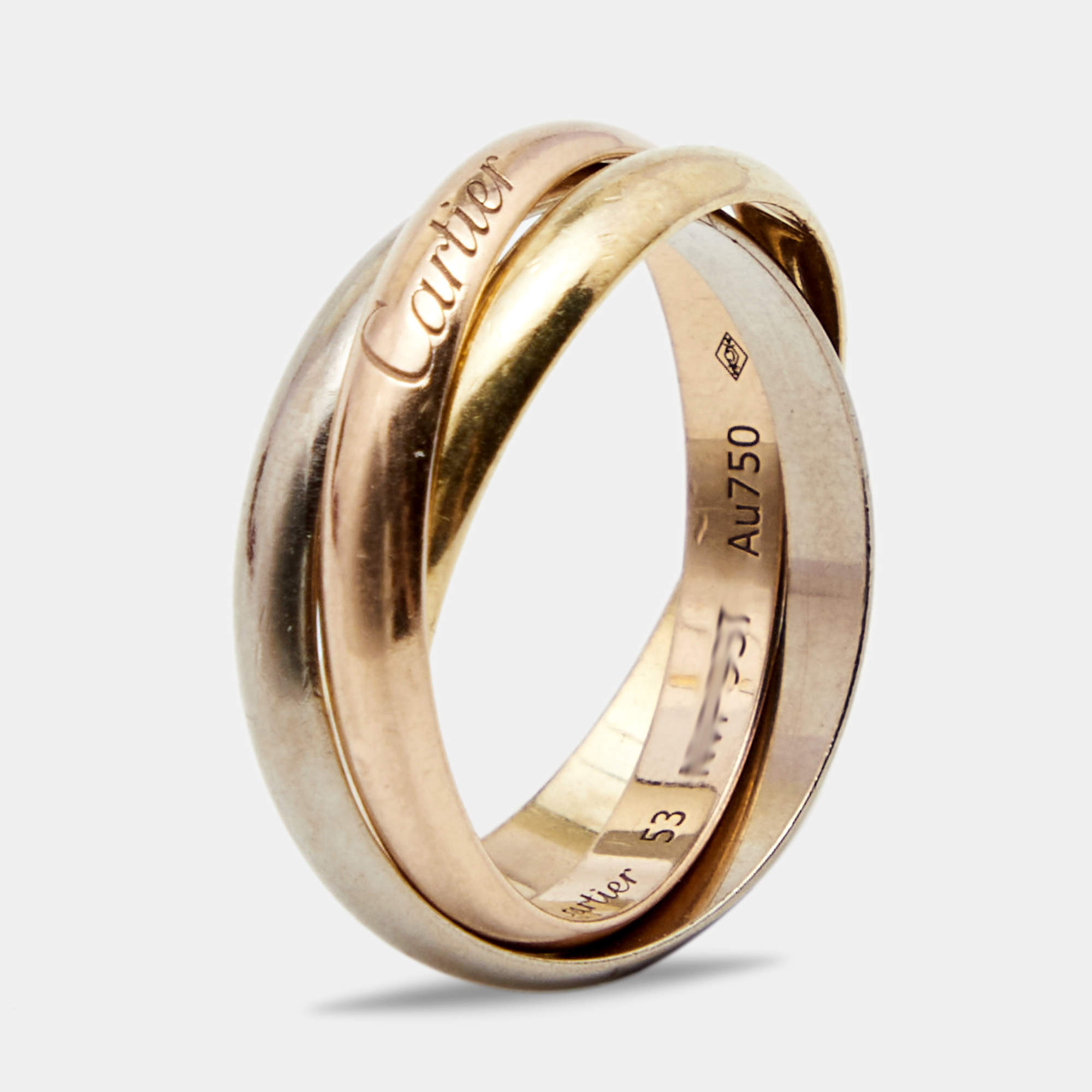 Pre Owned Cartier Trinity 18k Three Tone Gold Small Model Rolling Ring Size 53