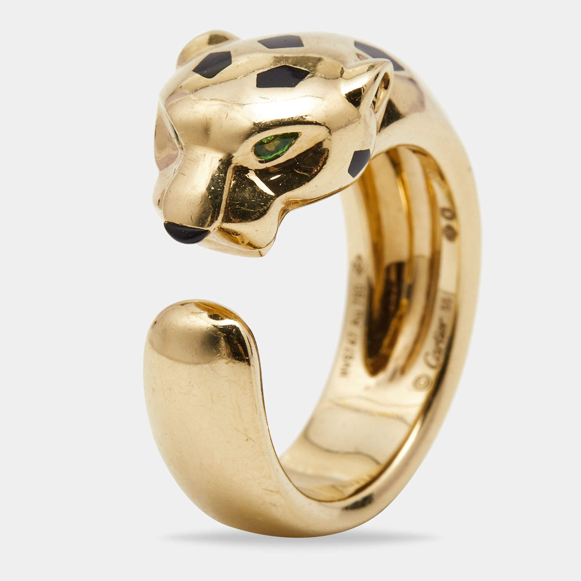 Pre Owned Cartier Panthere de Cartier Tsavorite Garnet Onyx Lacquer 18k Yellow Gold Ring Size 55