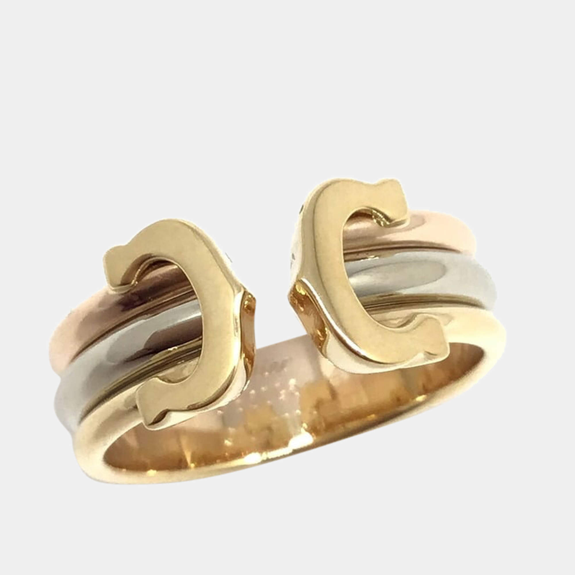 Pre Owned Cartier Vintage Double C 18K Yellow Gold Rose Gold and White Gold Ring EU 48