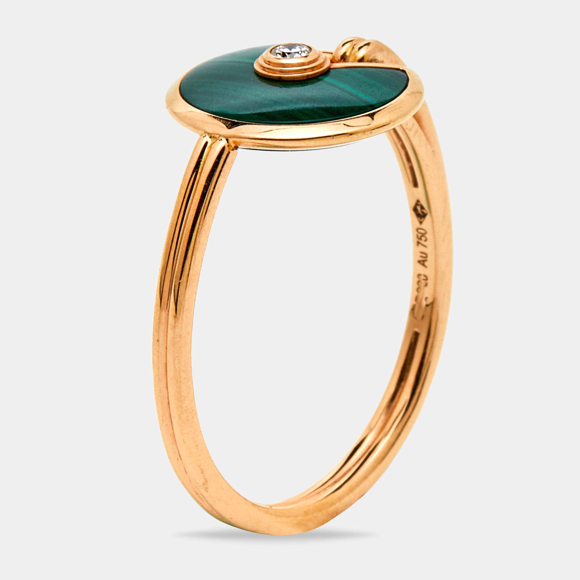 Cartier Amulette De Cartier Malachite Diamond 18K Rose Gold XS Model Ring Size 57