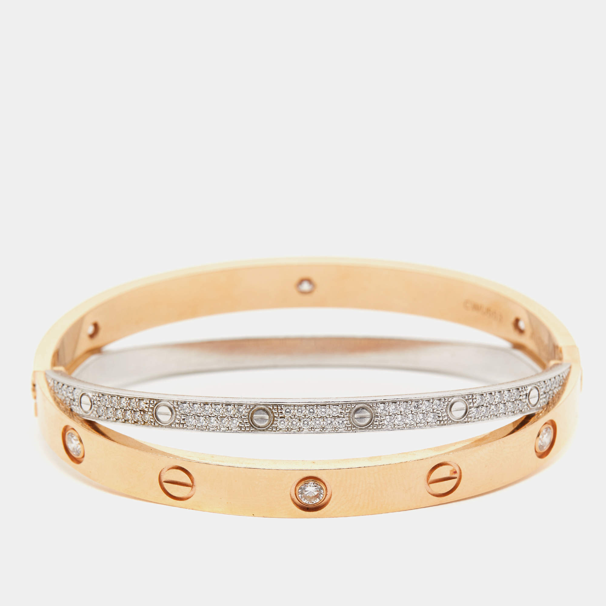 Pre Owned Cartier Love Paved Diamond 18k Two Tone Gold Bangle Bracelet 16