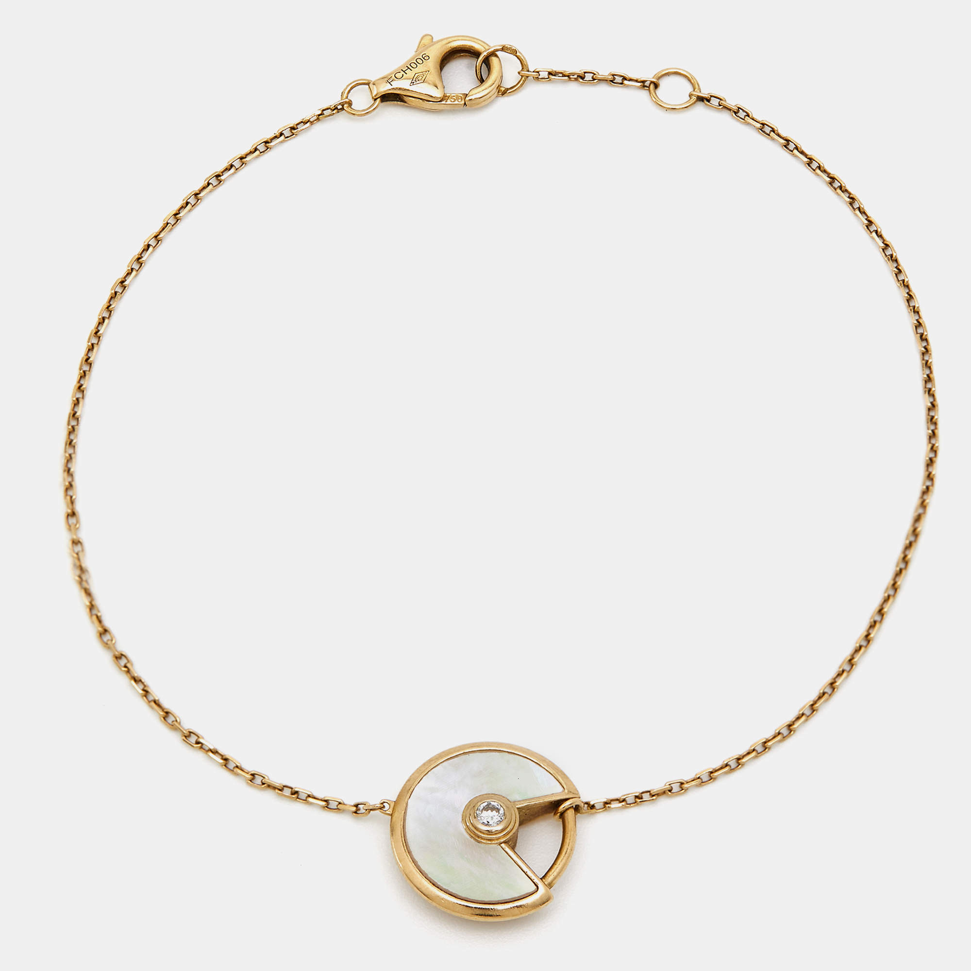 Pre Owned Cartier Amulette De Cartier Mother of Pearl Diamond 18k Yellow Gold Bracelet
