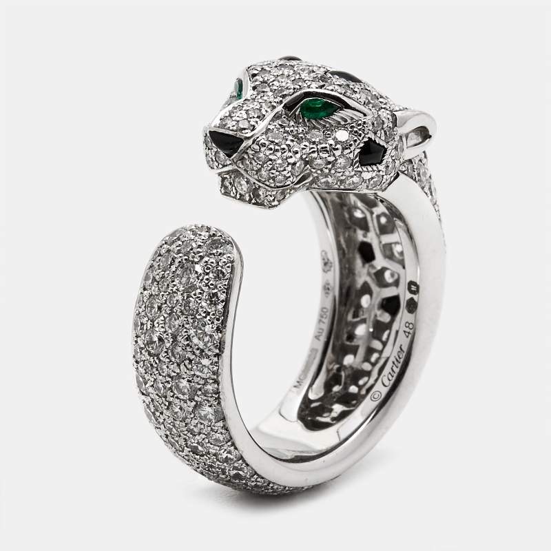 Pre Owned Cartier Panthere De Cartier Diamond Onyx Emerald 18K White Gold Cocktail Ring Size 48