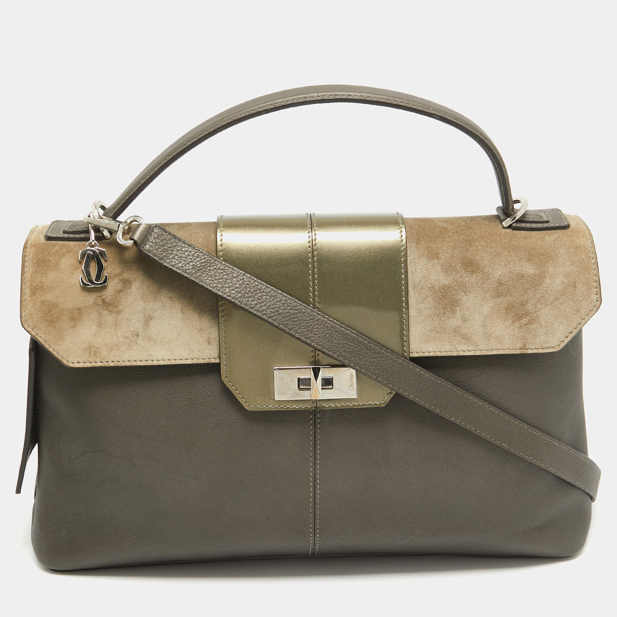 Cartier Grey/Khaki Patent, Leather and Suede Feminine Line Top Handle Bag 