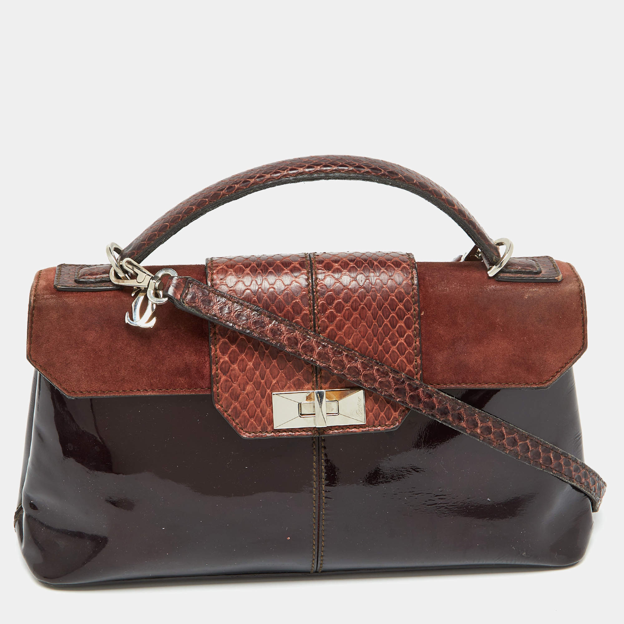 Cartier Dark Brown Patent Leather and Snakeskin Feminine Line Top Handle Bag