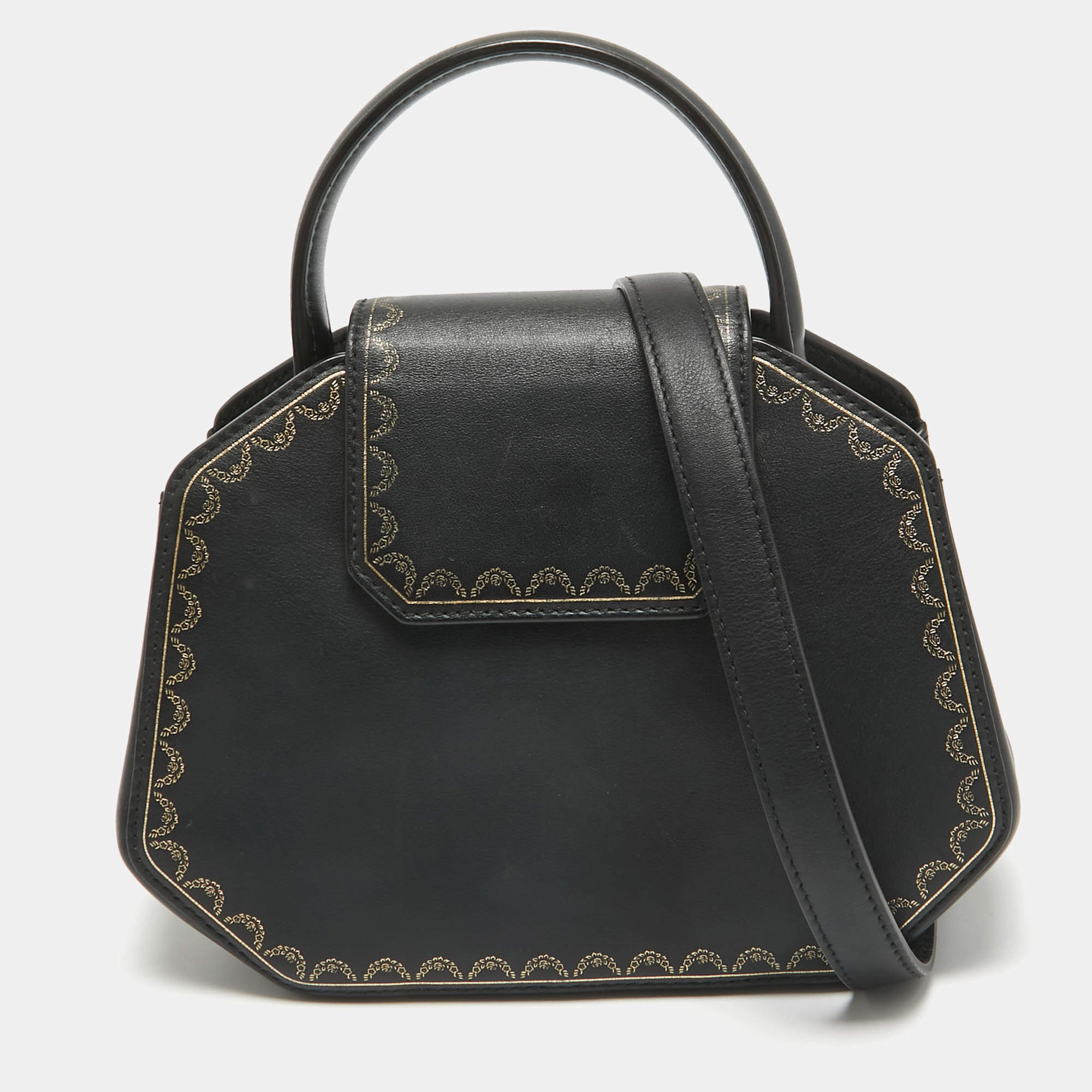 Pre Owned Cartier Black Leather Mini Guirlande De Cartier Top Handle Bag