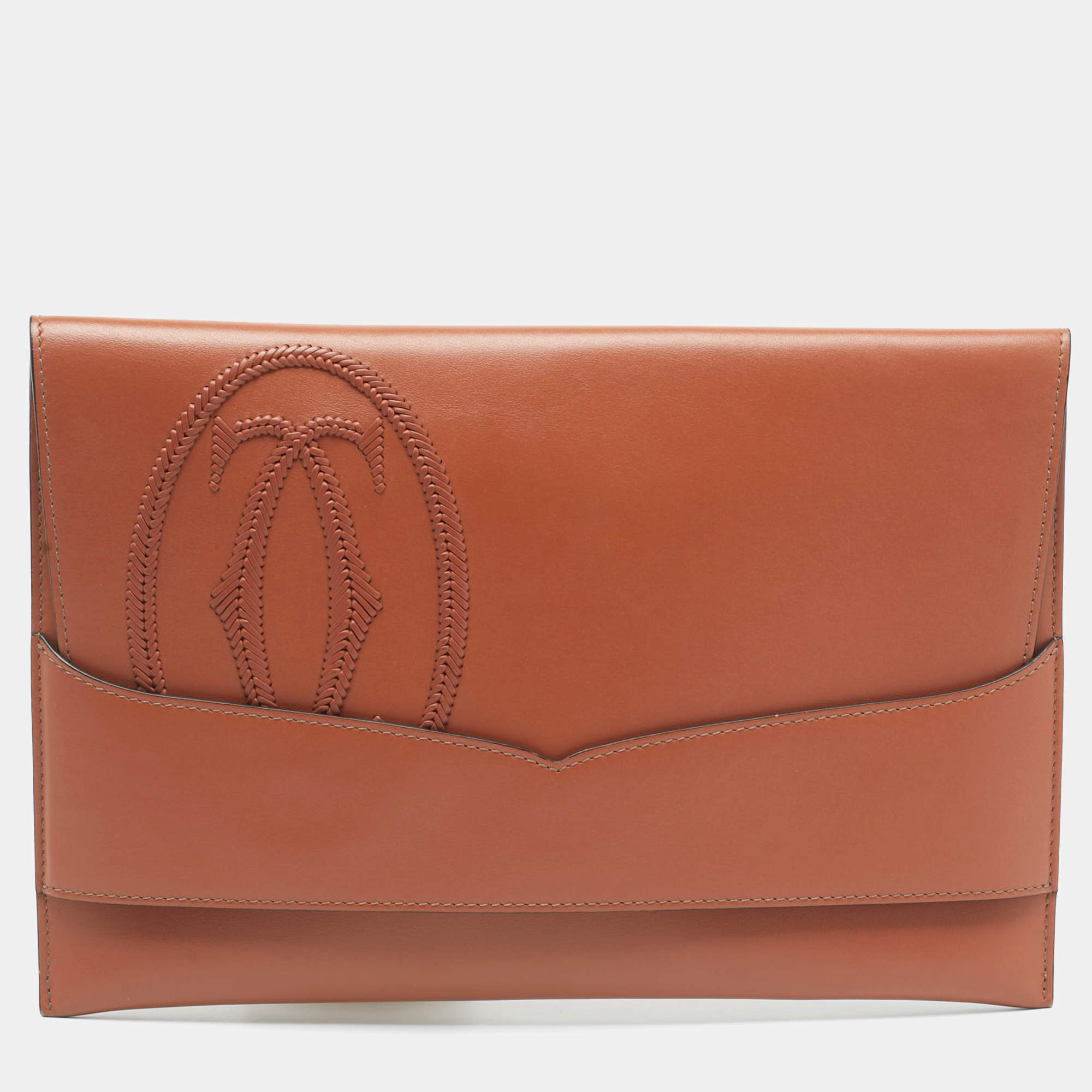 Pre Owned Cartier Brown Leather Logo Flap Clutch